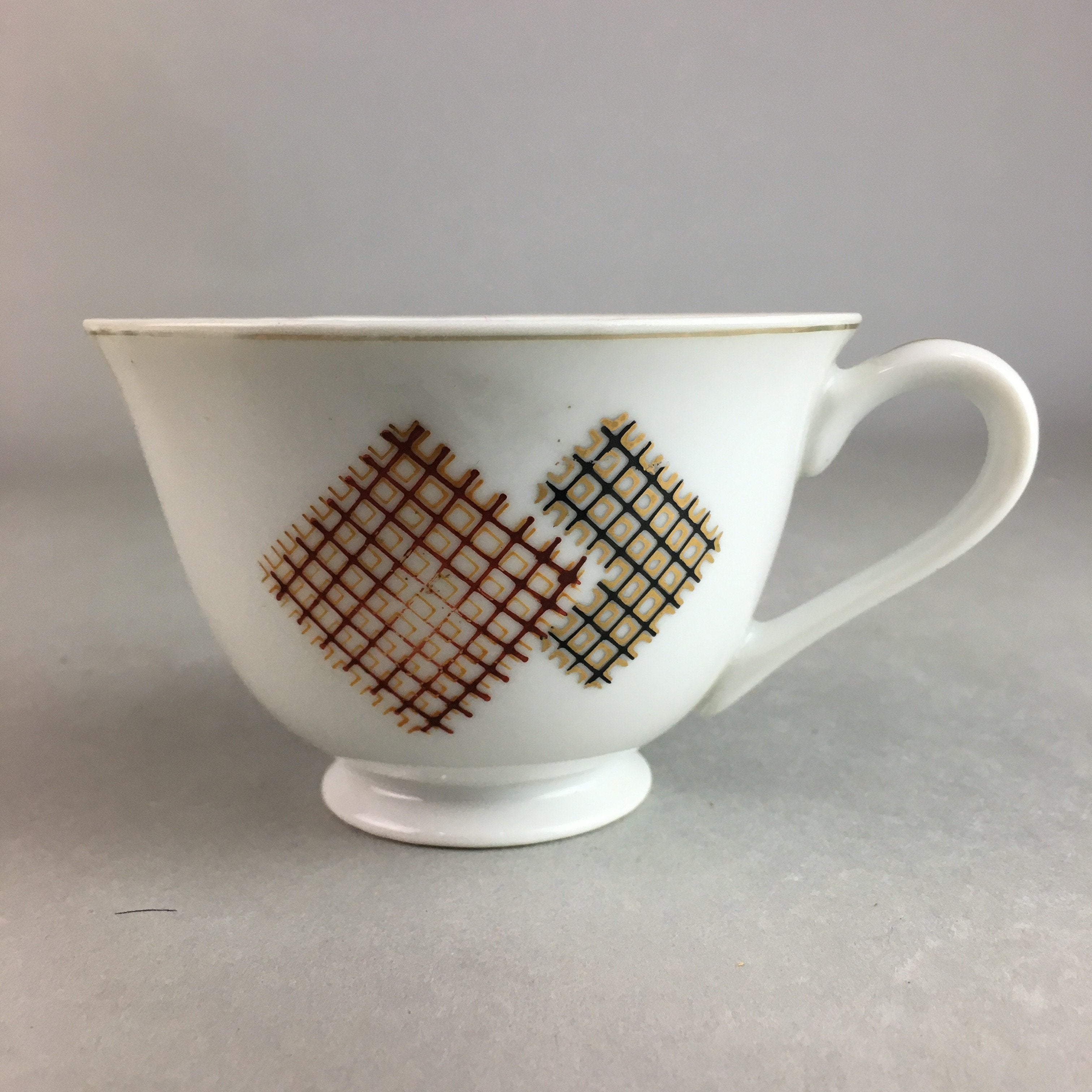 Japanese Porcelain Teacup Mug Saucer Vtg Yunomi Plate Set Plaid PP312