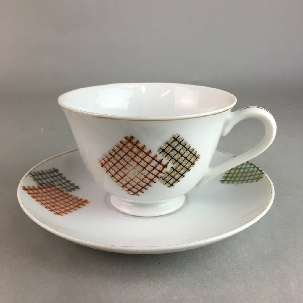 Japanese Porcelain Teacup Mug Saucer Vtg Yunomi Plate Set Plaid PP312