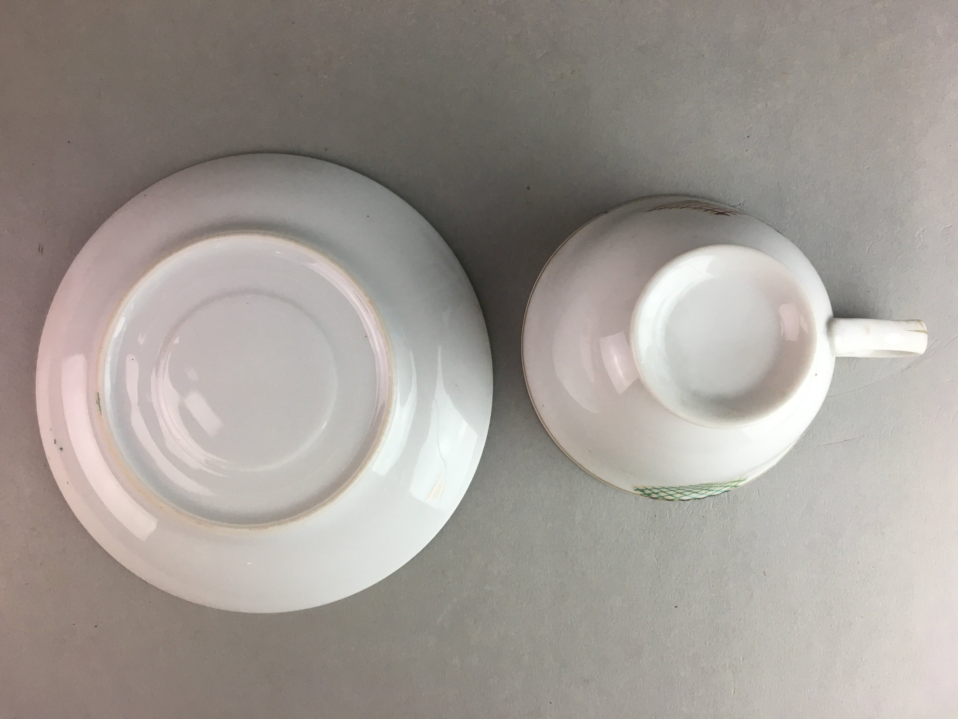 Japanese Porcelain Teacup Mug Saucer Vtg Yunomi Plate Set Plaid PP313