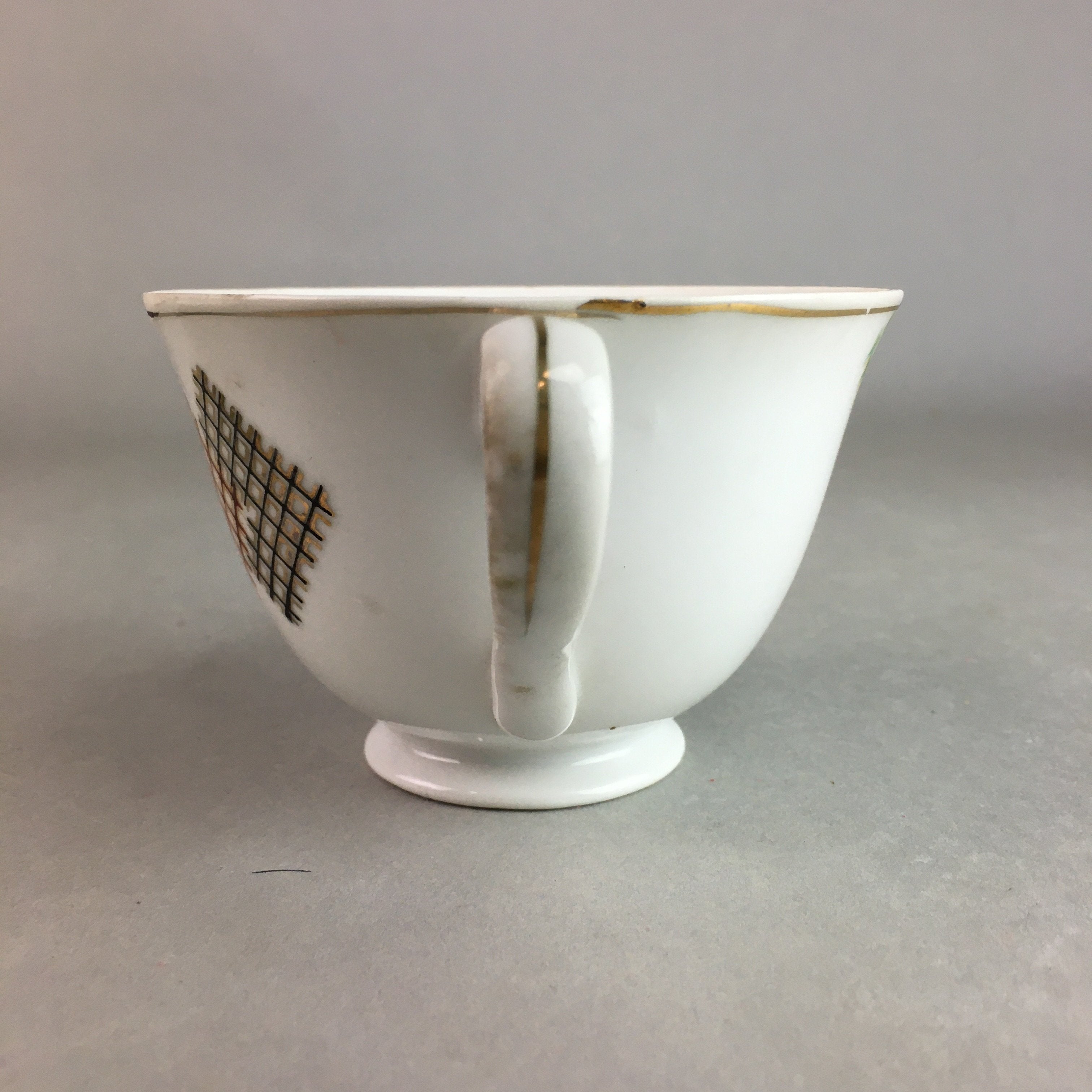 Japanese Porcelain Teacup Mug Saucer Vtg Yunomi Plate Set Plaid PP313