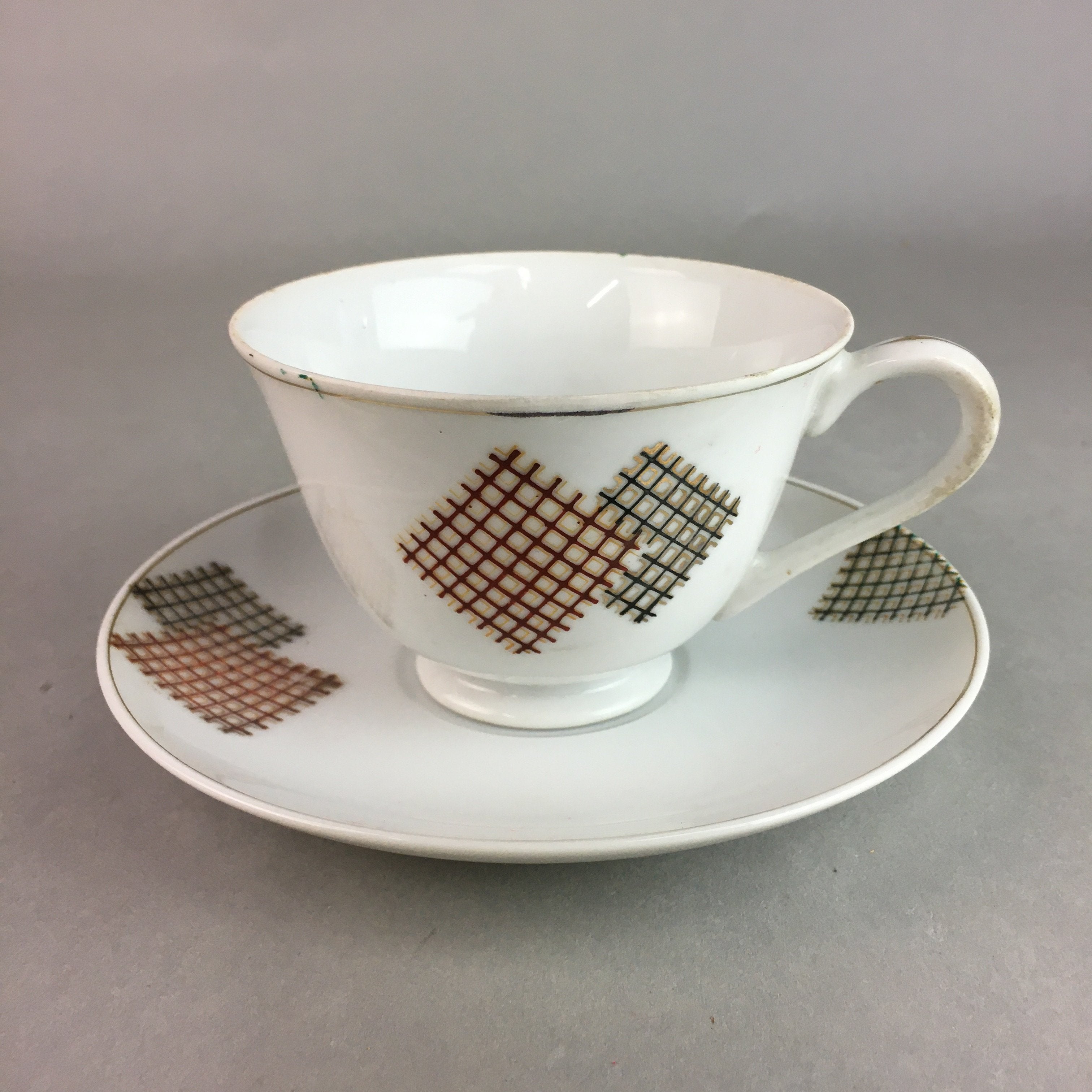 Japanese Porcelain Teacup Mug Saucer Vtg Yunomi Plate Set Plaid PP313