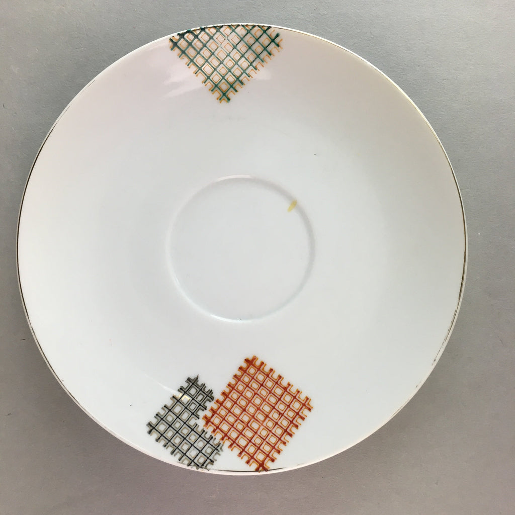 Japanese Porcelain Teacup Mug Saucer Vtg Yunomi Plate Set Plaid PP314