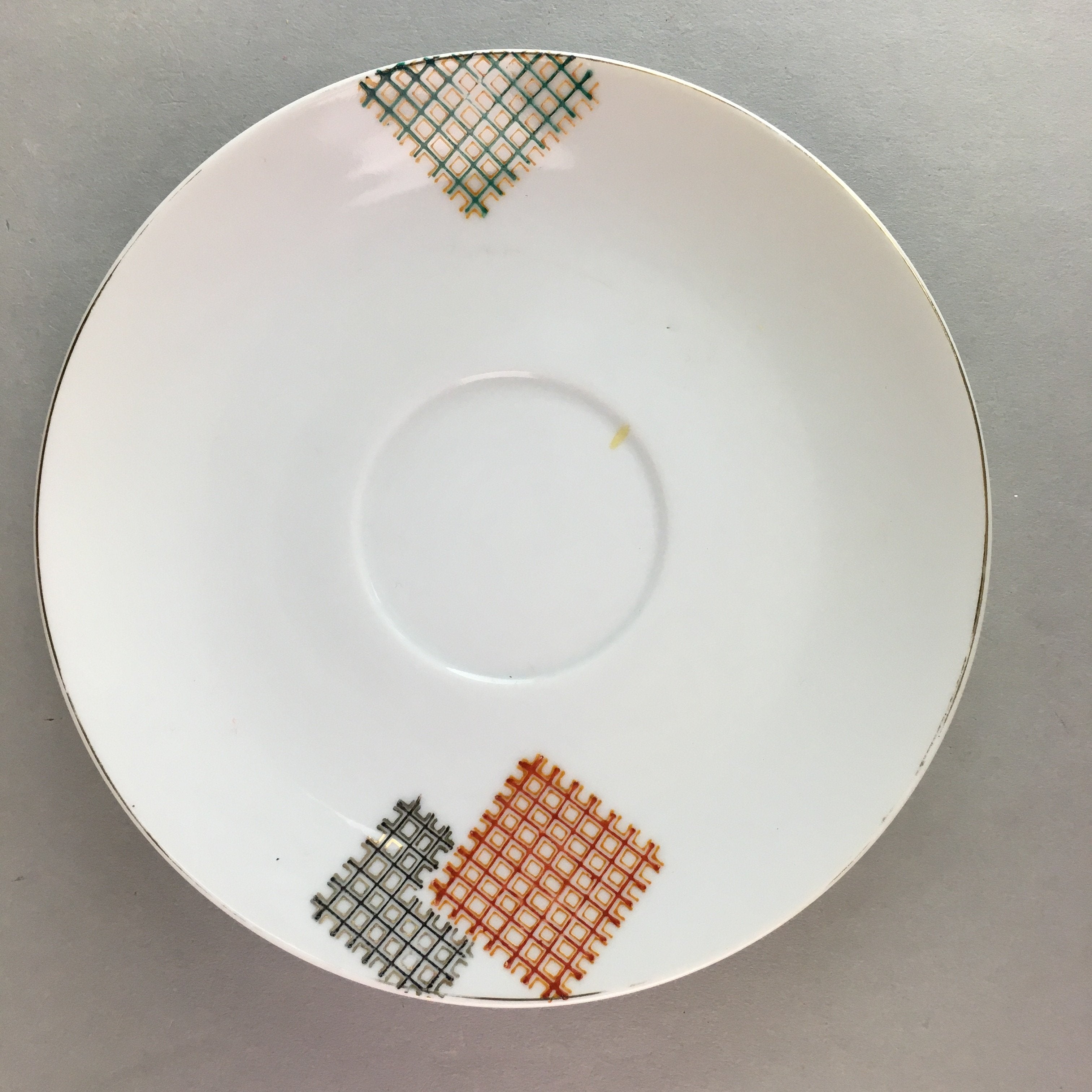 Japanese Porcelain Teacup Mug Saucer Vtg Yunomi Plate Set Plaid PP314