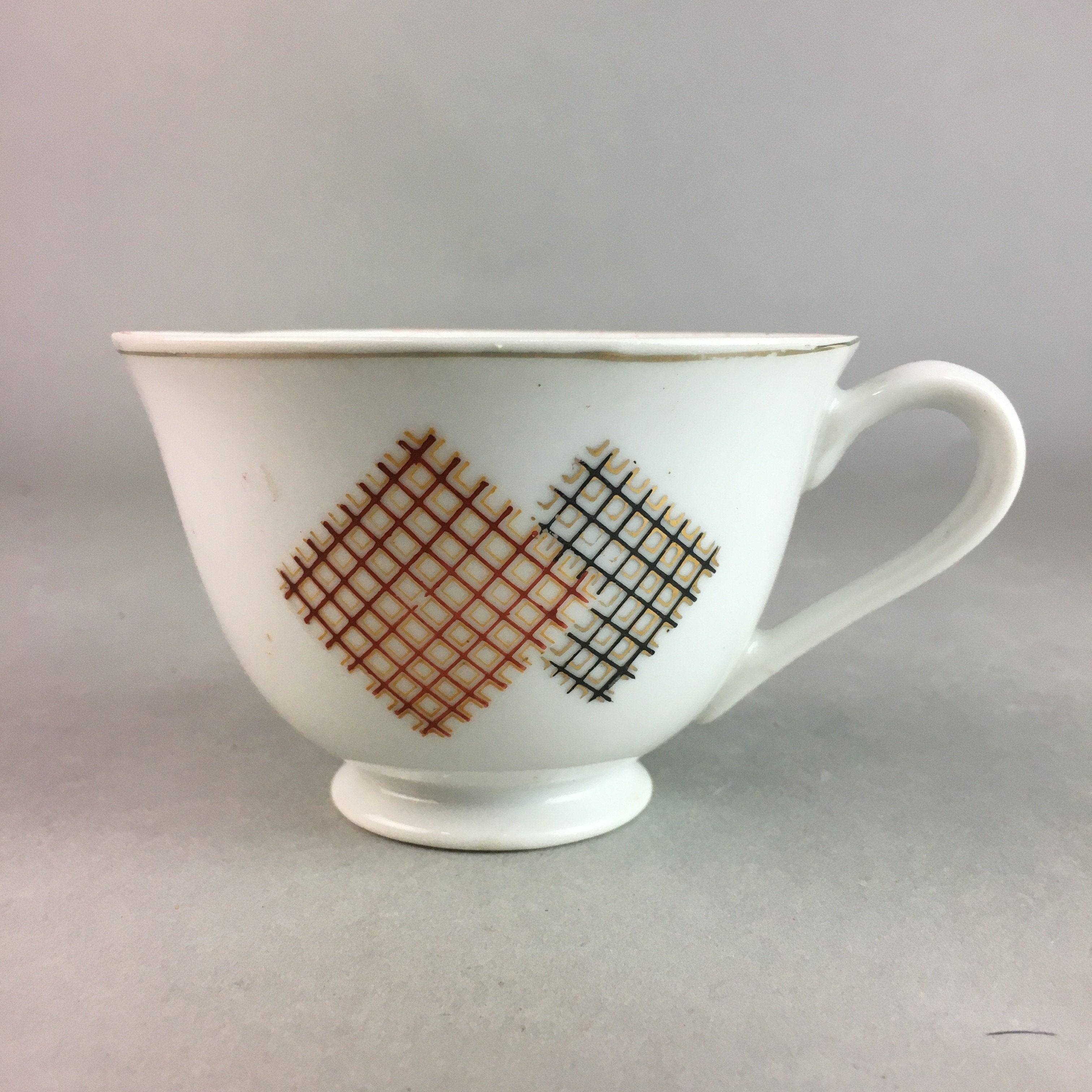Japanese Porcelain Teacup Mug Saucer Vtg Yunomi Plate Set Plaid PP315