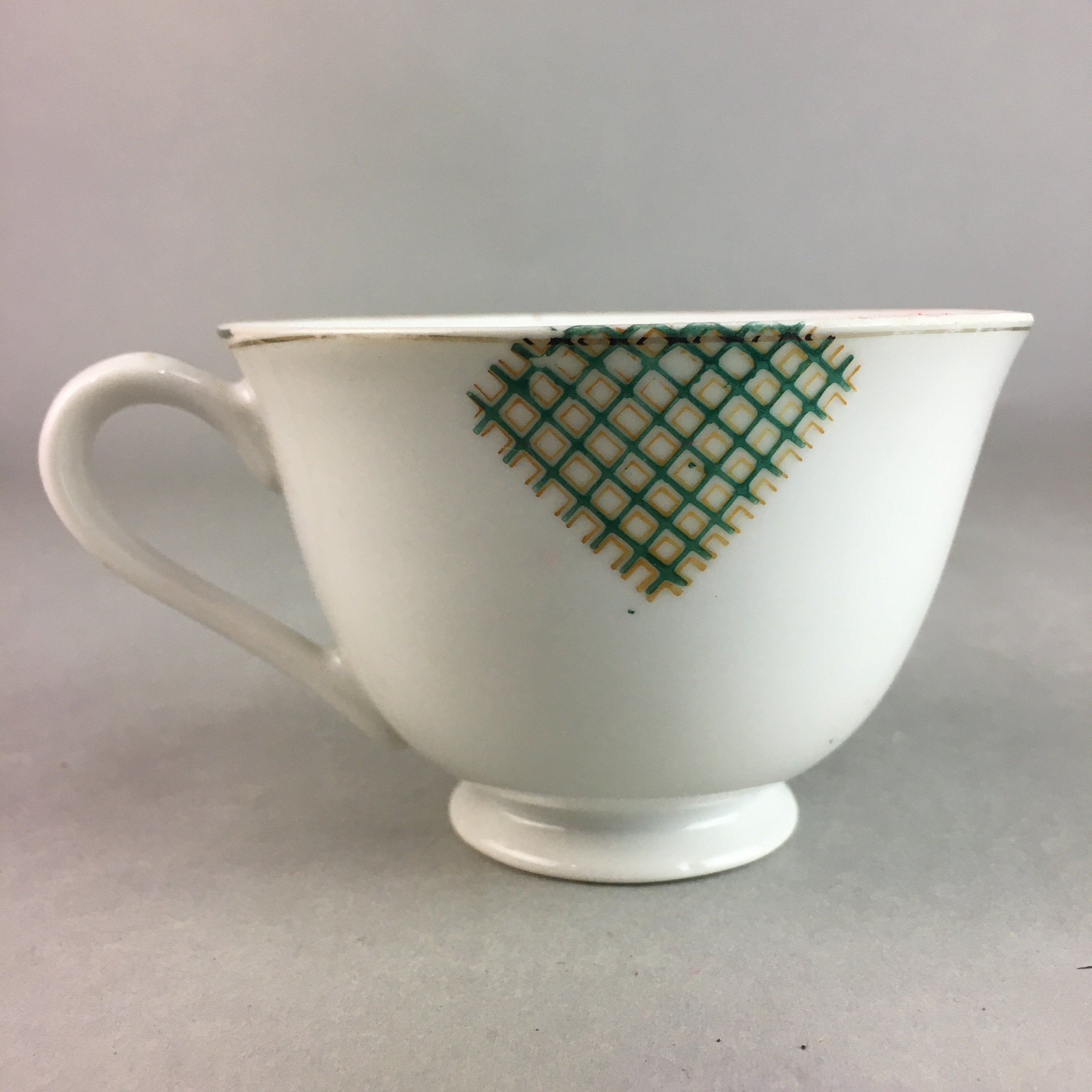 Japanese Porcelain Teacup Mug Saucer Vtg Yunomi Plate Set Plaid PP315
