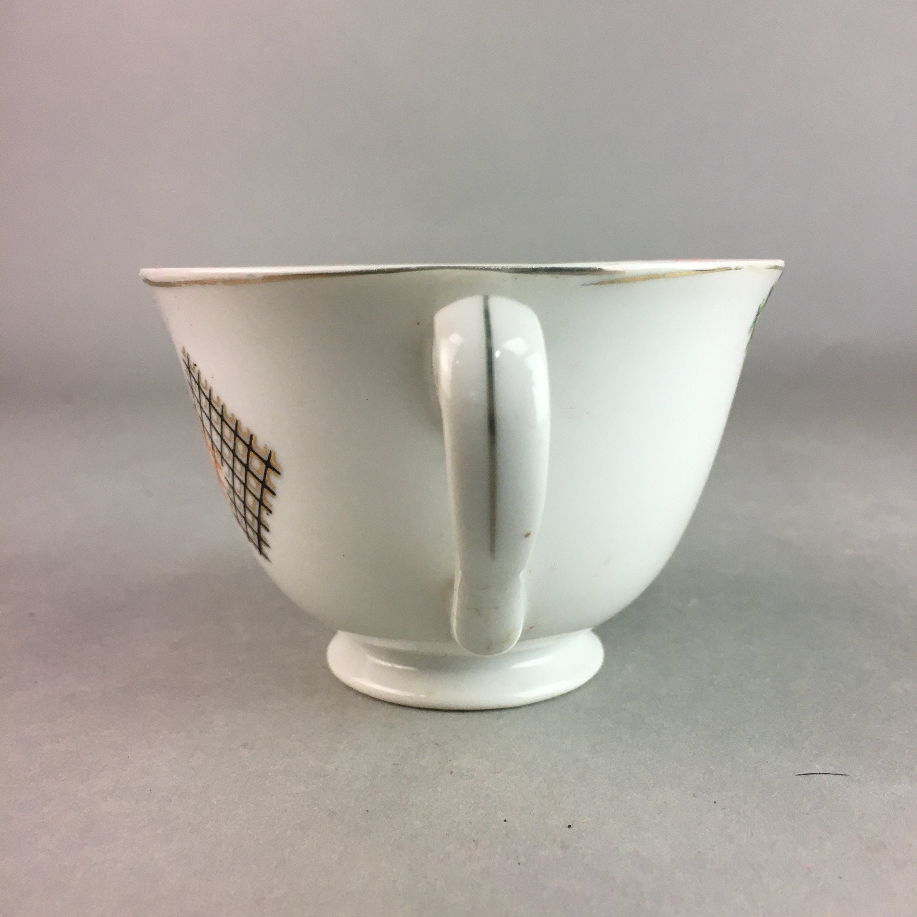 Japanese Porcelain Teacup Mug Saucer Vtg Yunomi Plate Set Plaid PP315