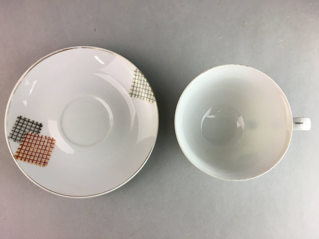 Japanese Porcelain Teacup Mug Saucer Vtg Yunomi Plate Set Plaid PP315