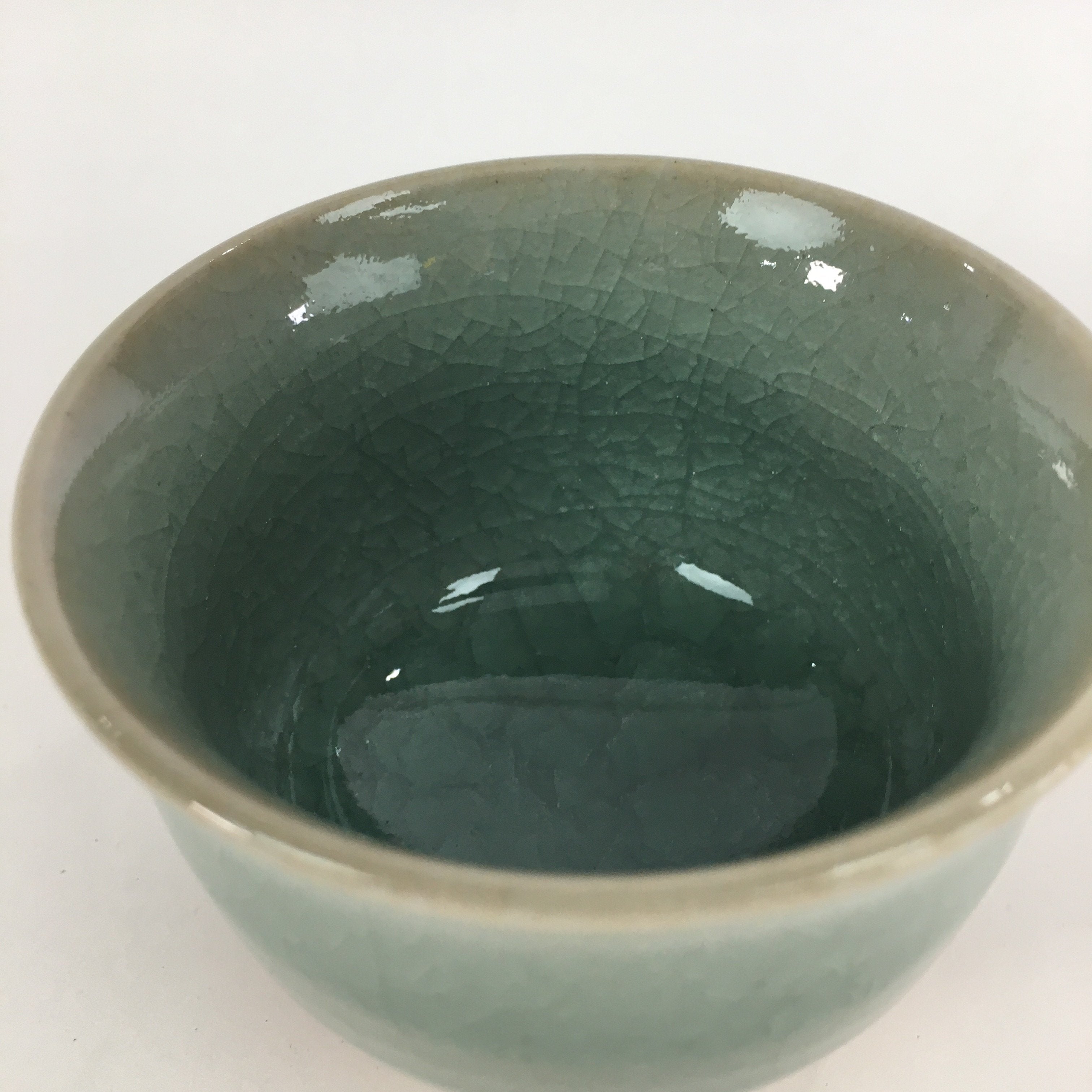 Japanese Porcelain Teacup Yunomi Vtg Green Cracked Glaze Pottery Sencha TC237