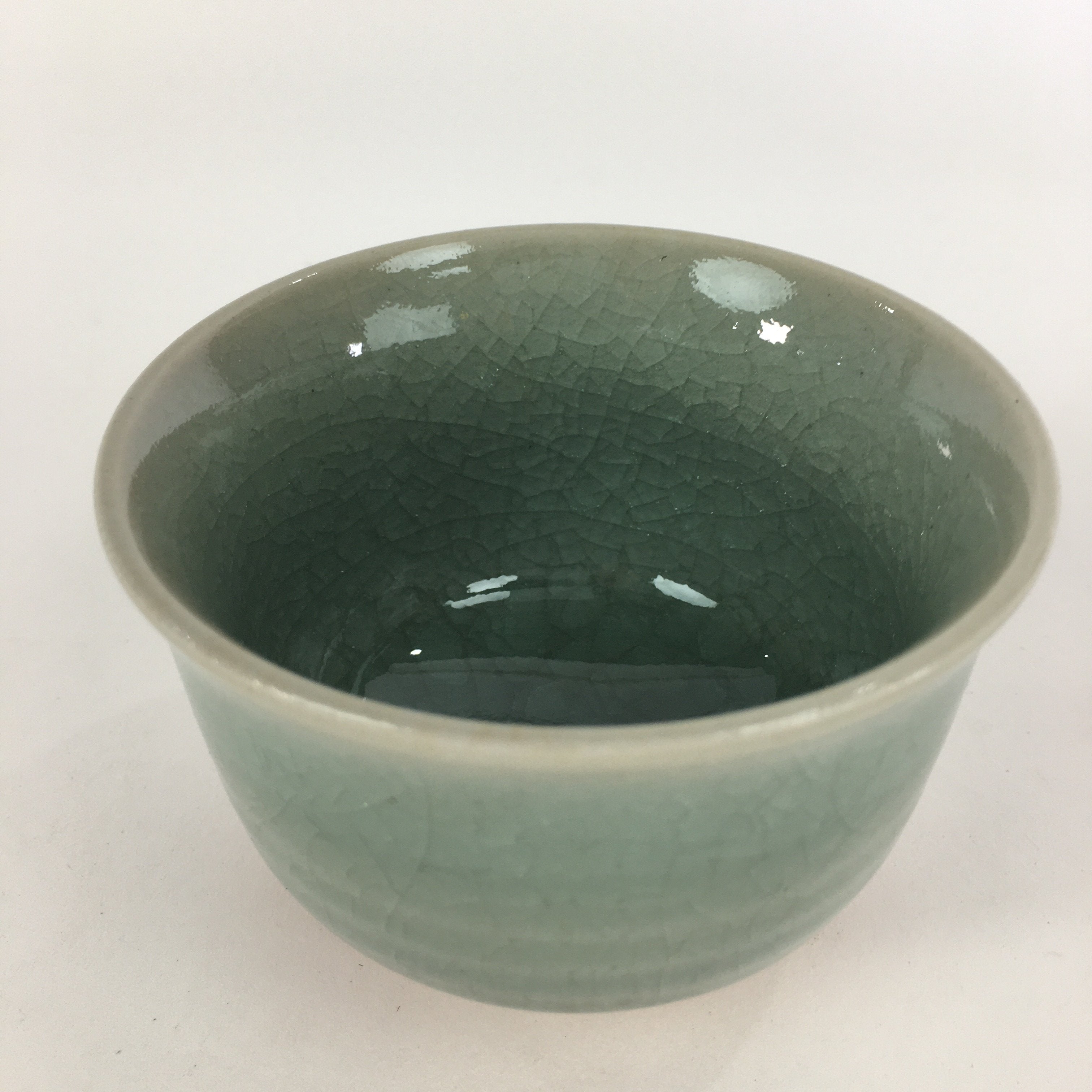 Japanese Porcelain Teacup Yunomi Vtg Green Cracked Glaze Pottery Sencha TC238