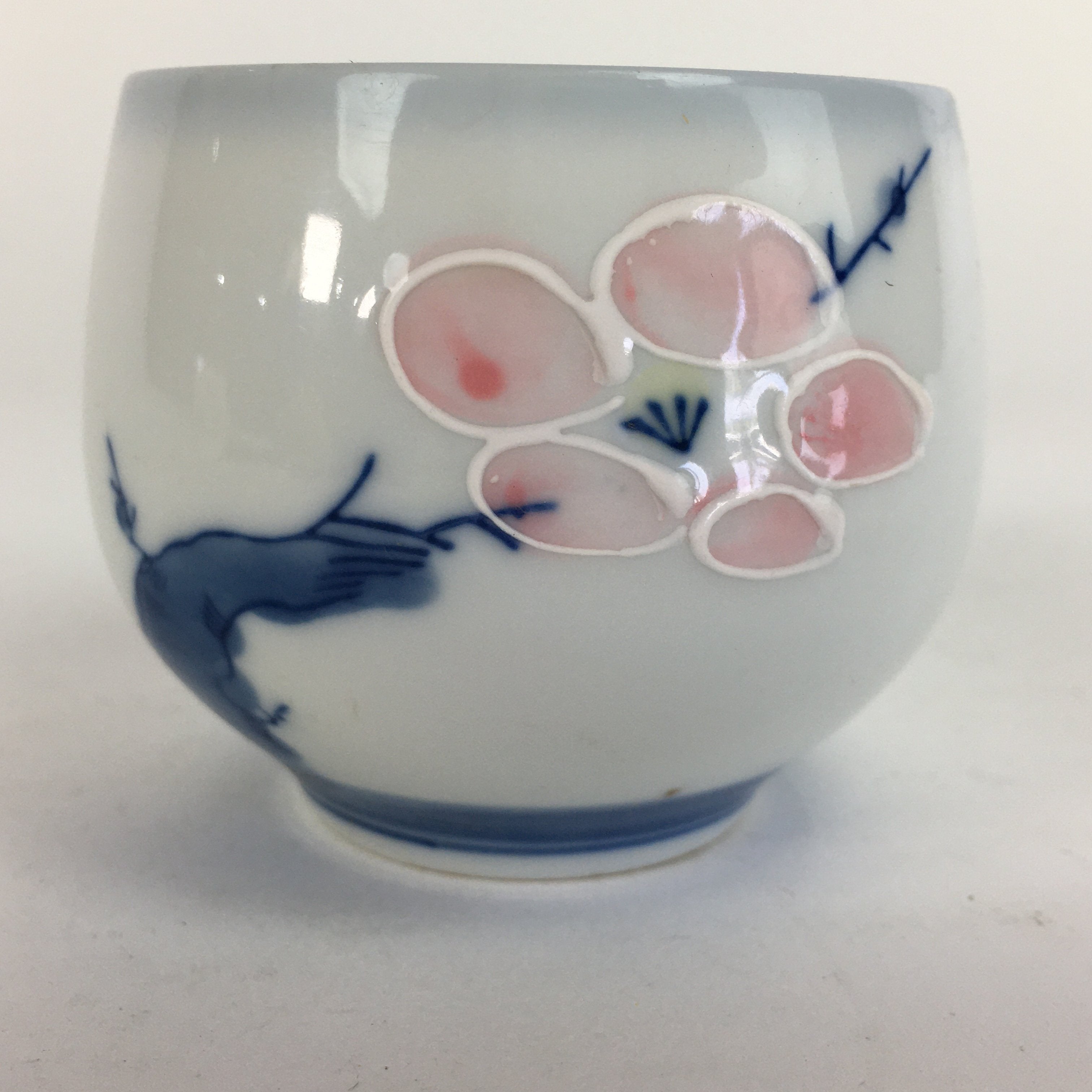 Japanese Porcelain Teacup Yunomi Vtg Pink Plum Blossom White Sencha TC215
