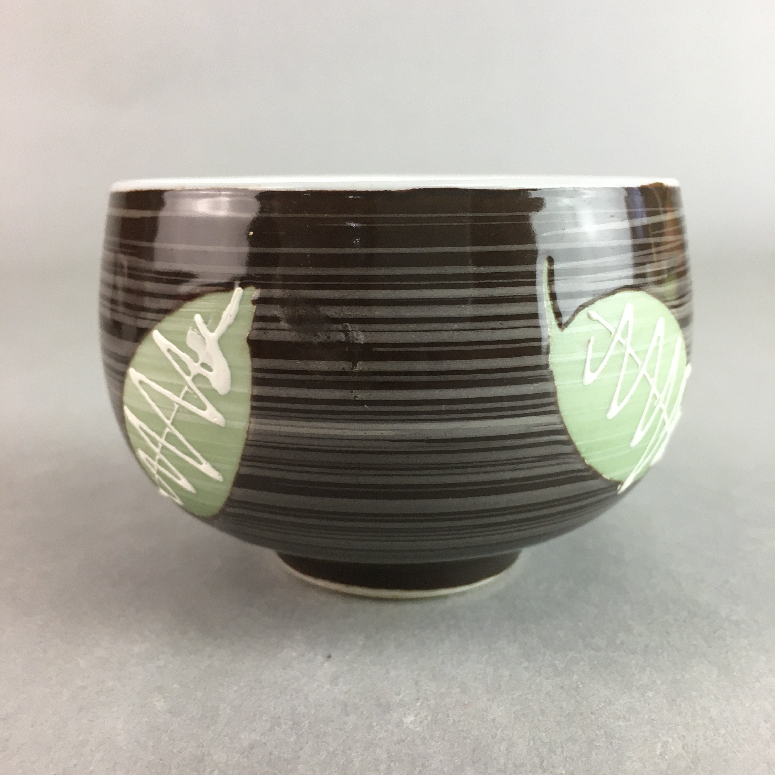 Japanese Porcelain Teacup Yunomi Vtg Sencha Brown Green Leaf Stripe TC136