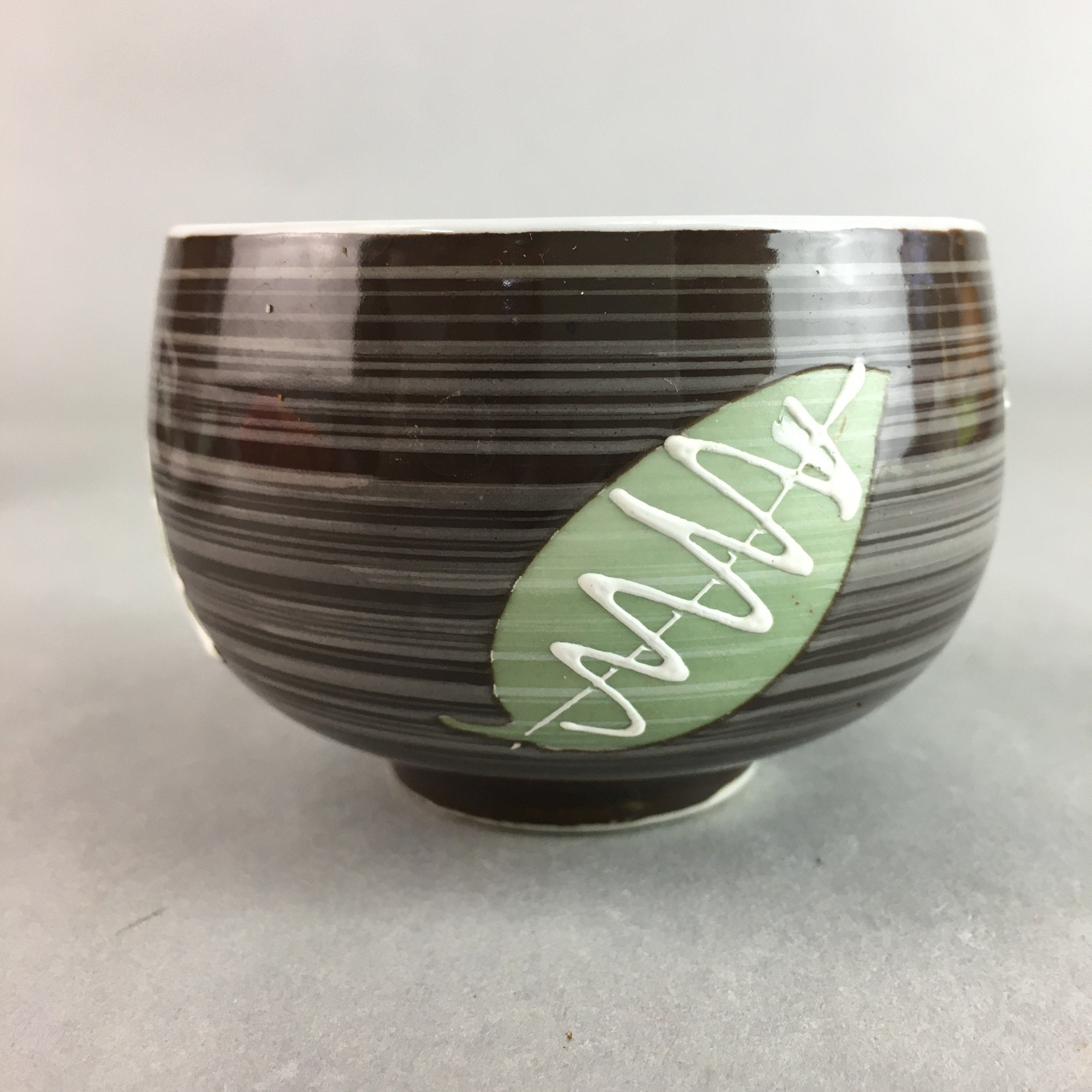 Japanese Porcelain Teacup Yunomi Vtg Sencha Brown Green Leaf Stripe TC136