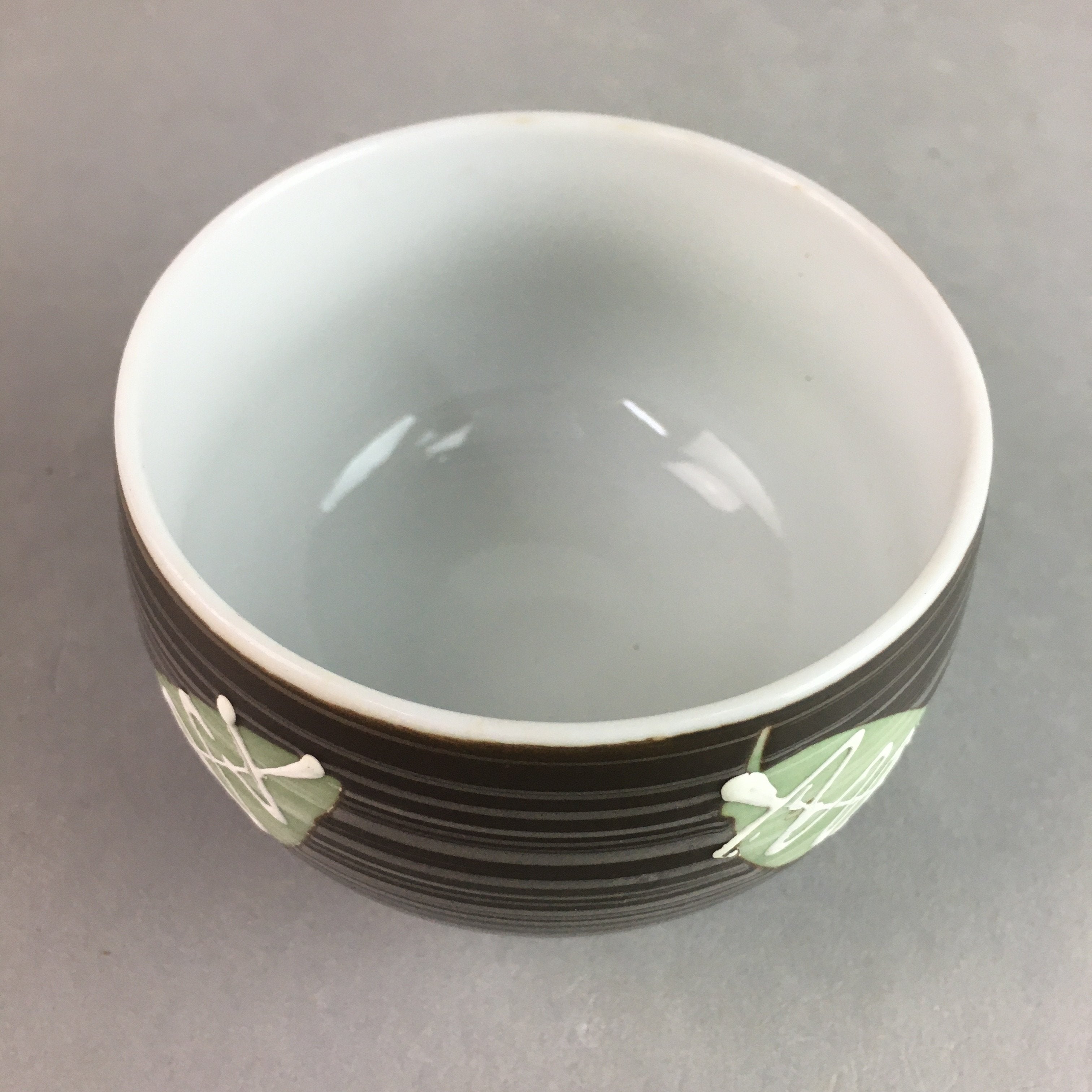 Japanese Porcelain Teacup Yunomi Vtg Sencha Brown Green Leaf Stripe TC137