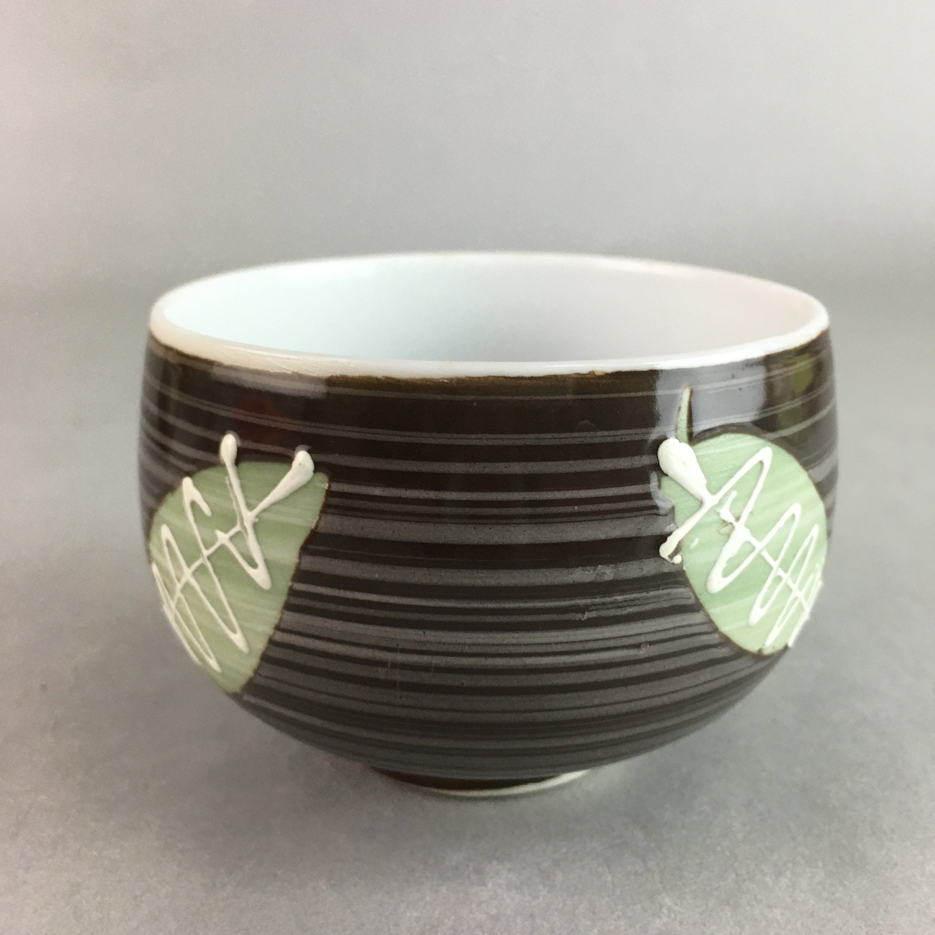 Japanese Porcelain Teacup Yunomi Vtg Sencha Brown Green Leaf Stripe TC137