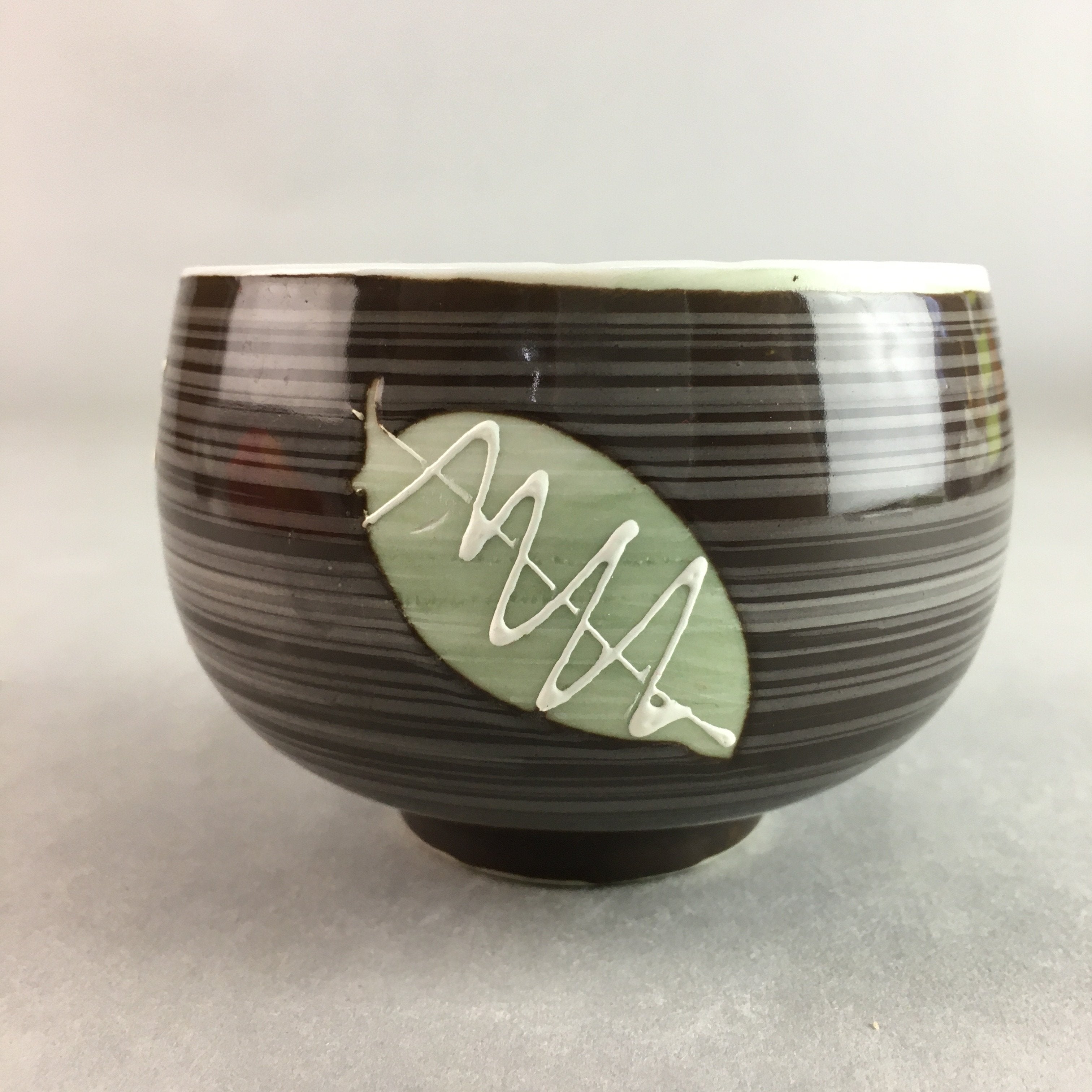 Japanese Porcelain Teacup Yunomi Vtg Sencha Brown Green Leaf Stripe TC138