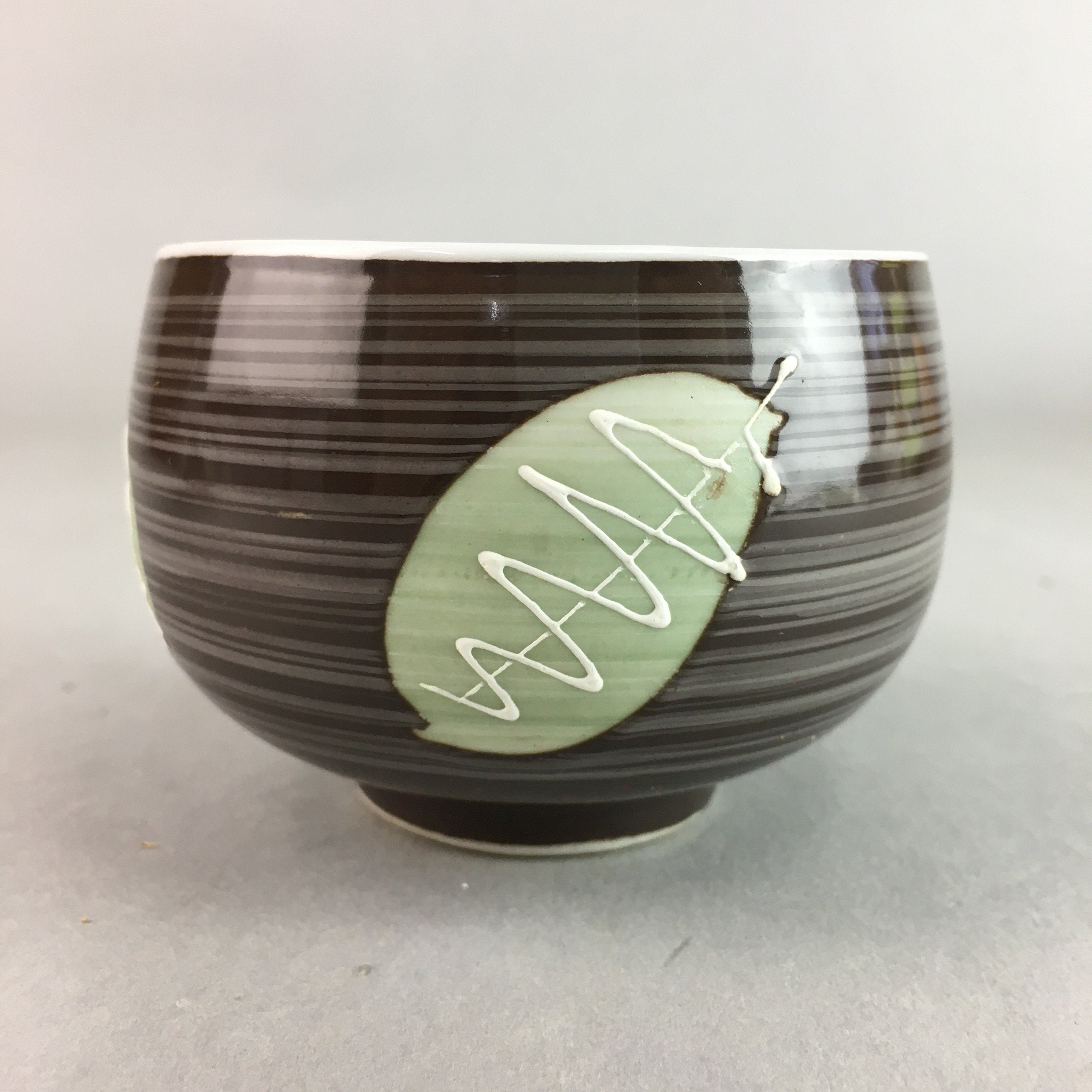 Japanese Porcelain Teacup Yunomi Vtg Sencha Brown Green Leaf Stripe TC138