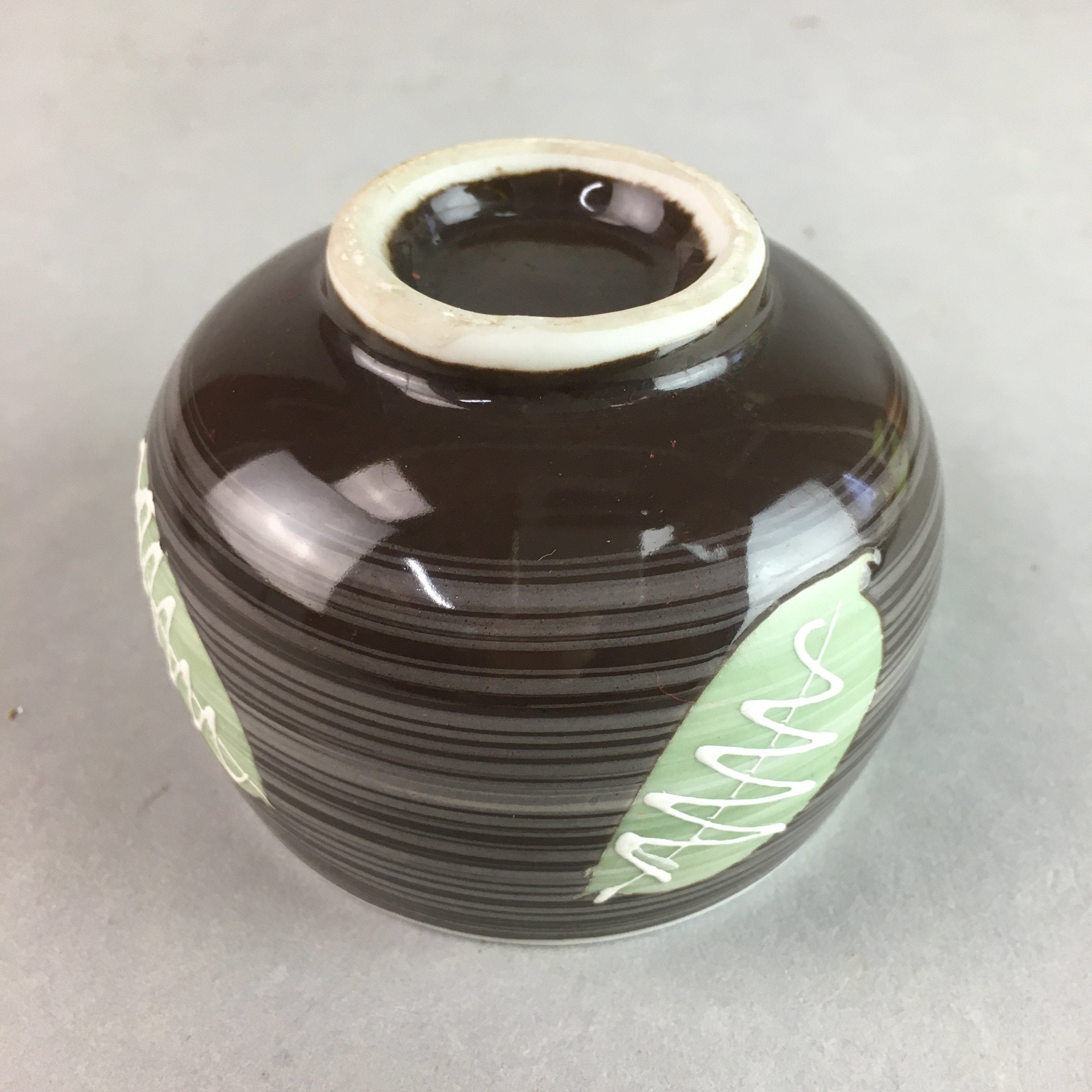 Japanese Porcelain Teacup Yunomi Vtg Sencha Brown Green Leaf Stripe TC138