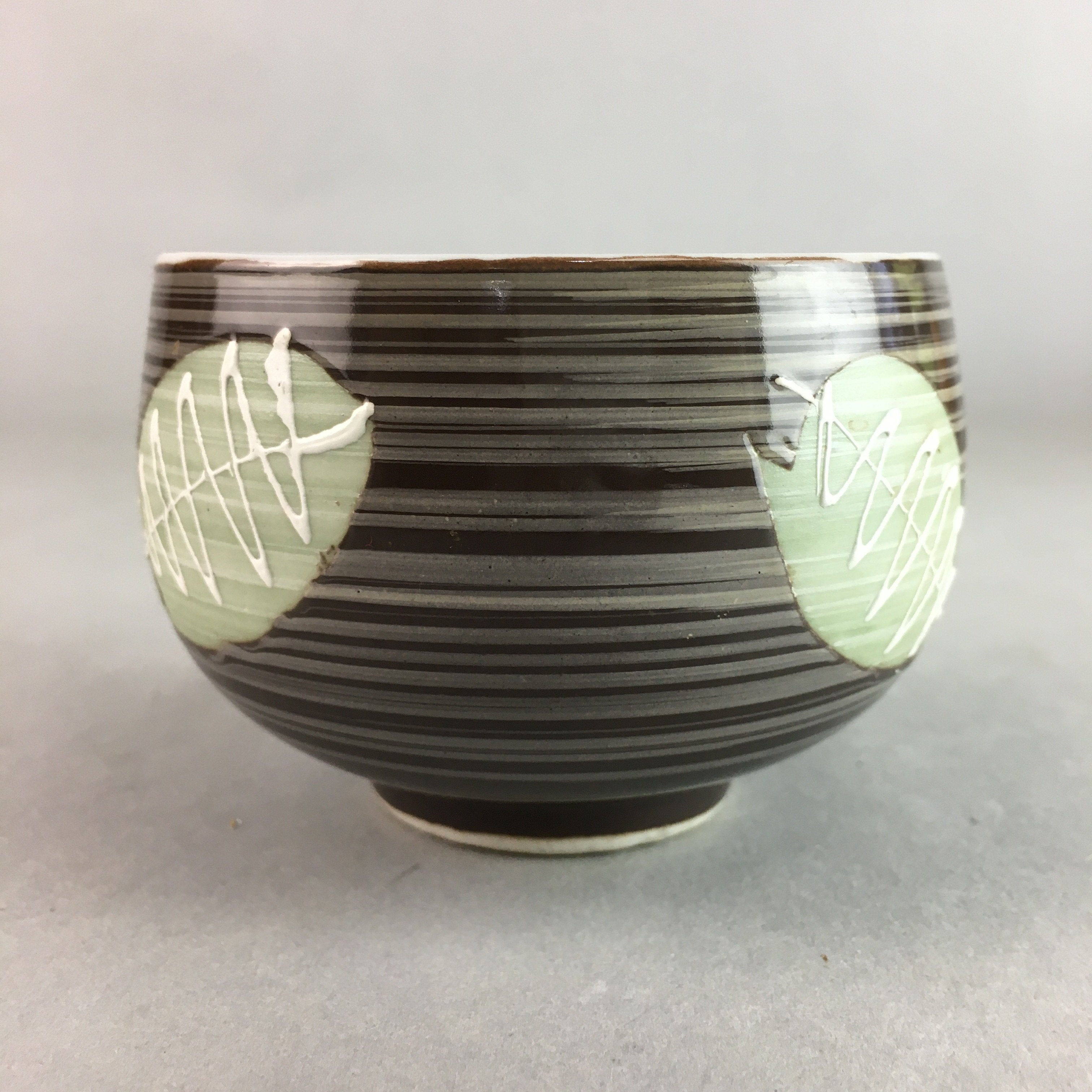 Japanese Porcelain Teacup Yunomi Vtg Sencha Brown Green Leaf Stripe TC139