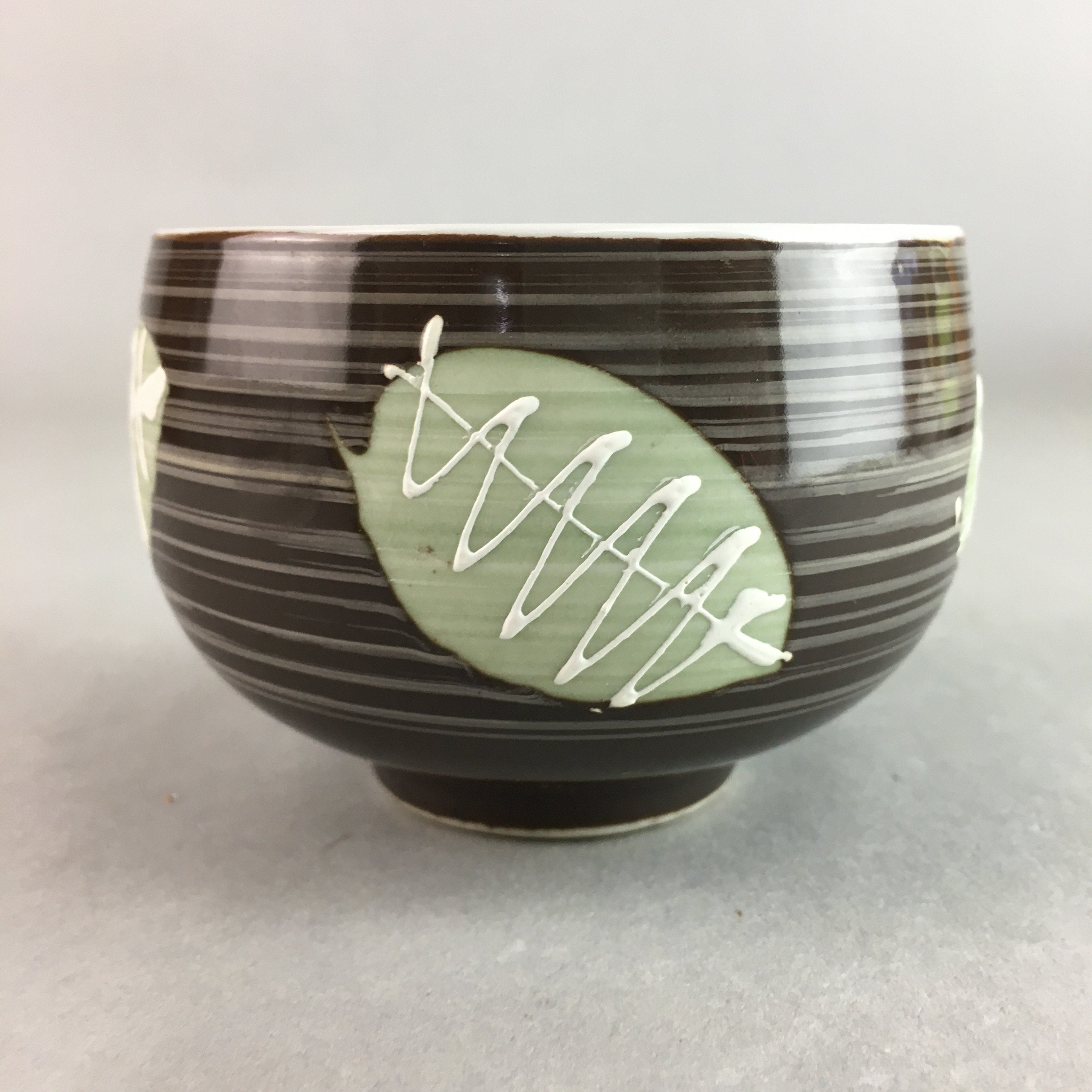 Japanese Porcelain Teacup Yunomi Vtg Sencha Brown Green Leaf Stripe TC139
