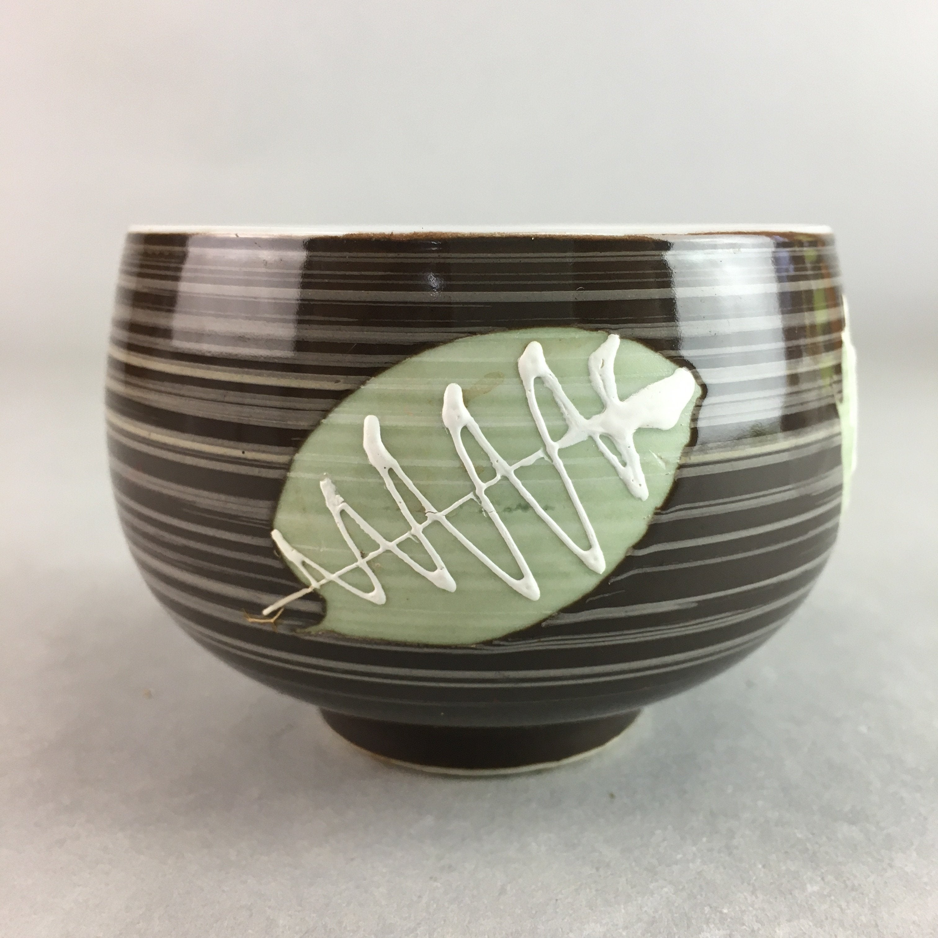 Japanese Porcelain Teacup Yunomi Vtg Sencha Brown Green Leaf Stripe TC139