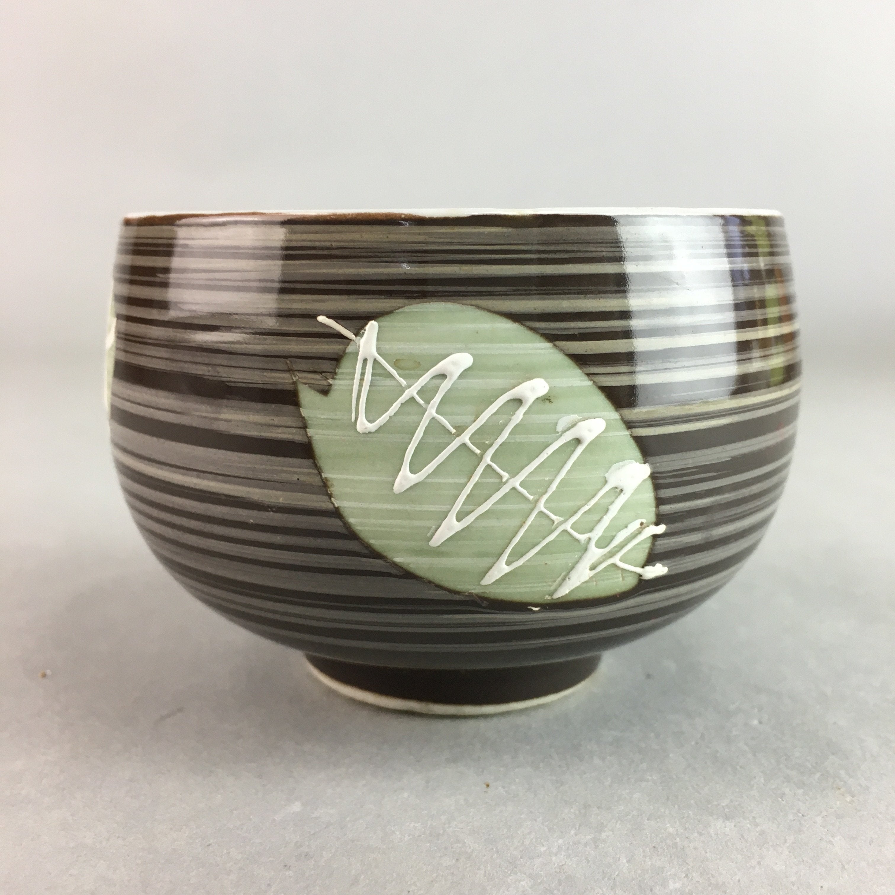 Japanese Porcelain Teacup Yunomi Vtg Sencha Brown Green Leaf Stripe TC139