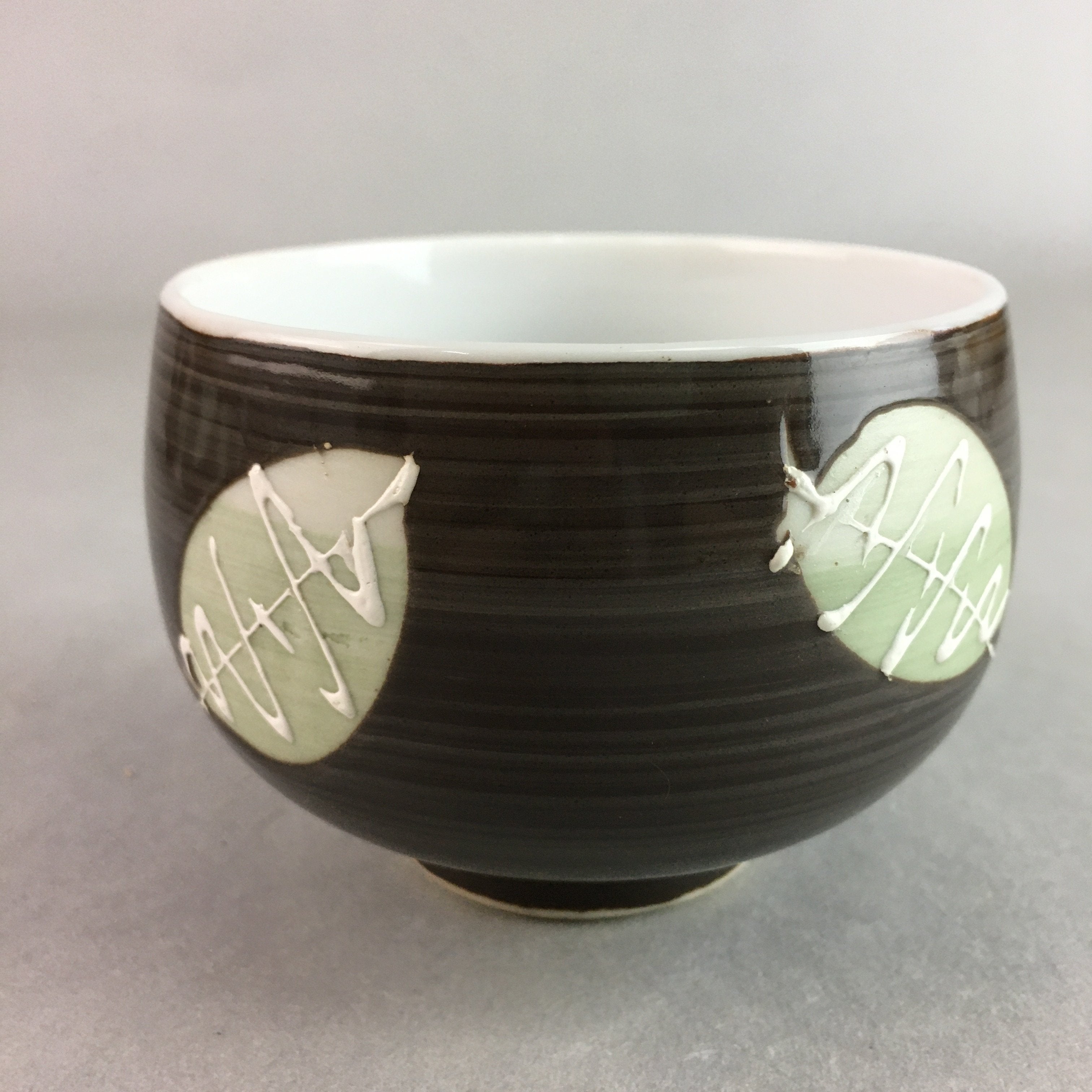 Japanese Porcelain Teacup Yunomi Vtg Sencha Brown Green Leaf Stripe TC140