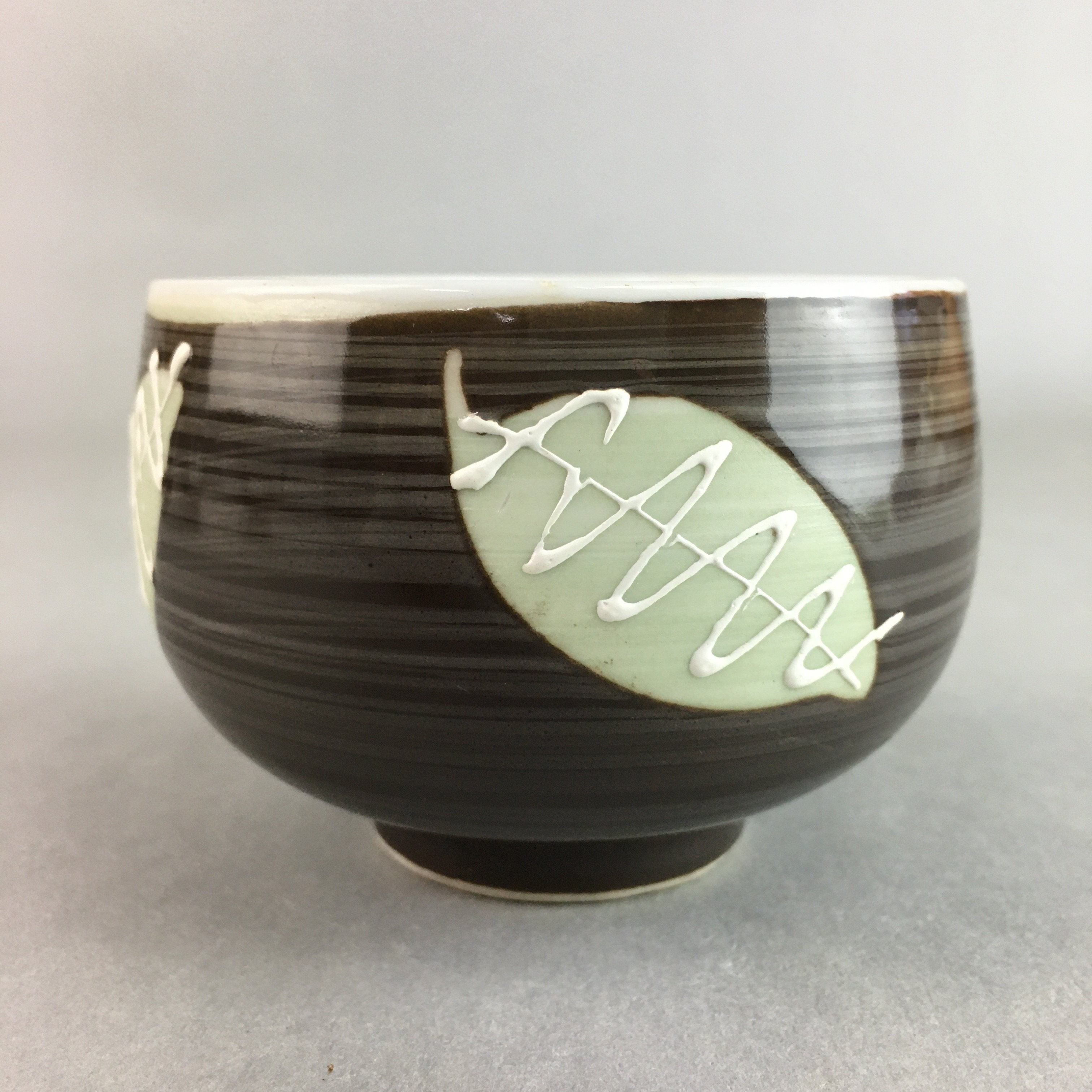 Japanese Porcelain Teacup Yunomi Vtg Sencha Brown Green Leaf Stripe TC141