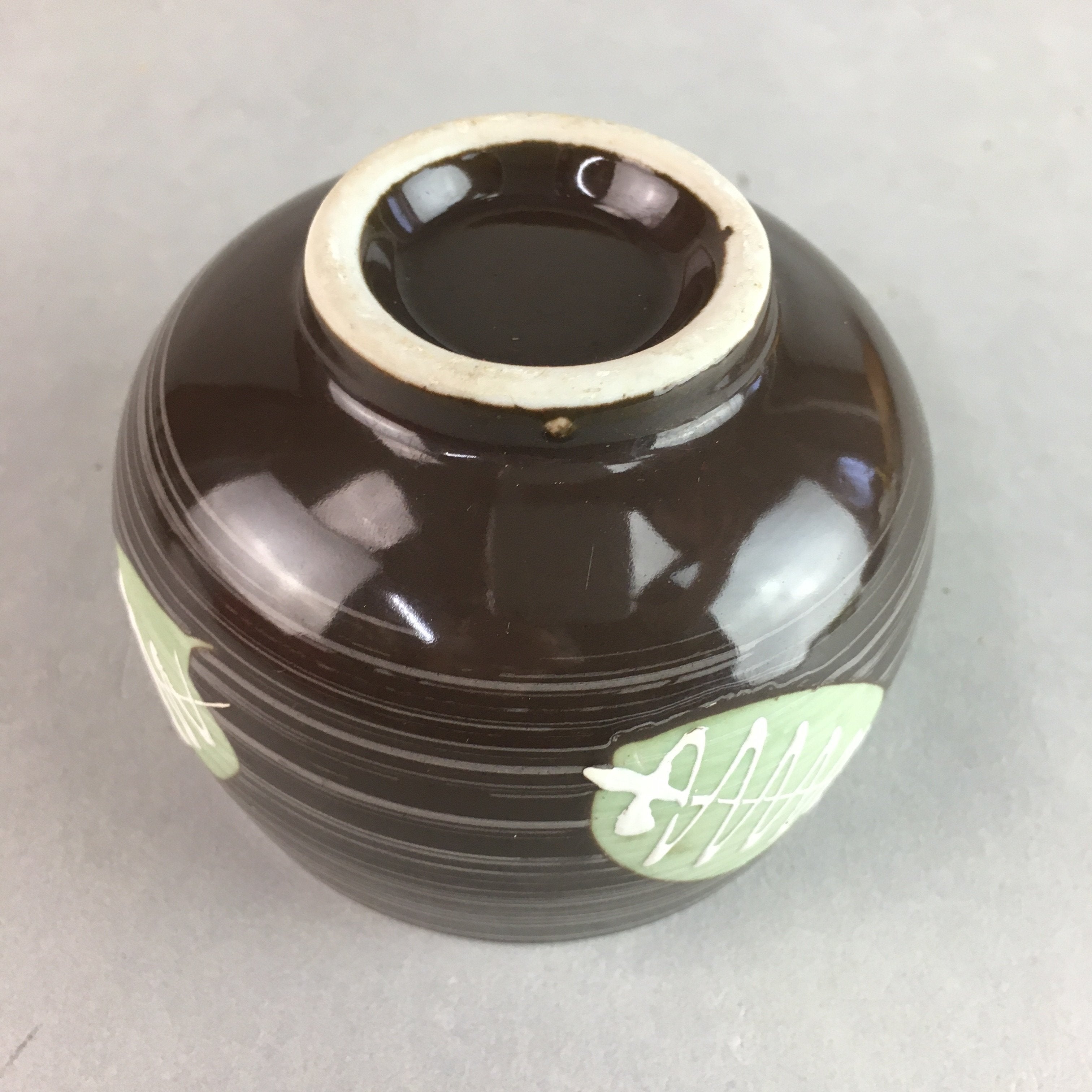 Japanese Porcelain Teacup Yunomi Vtg Sencha Brown Green Leaf Stripe TC142