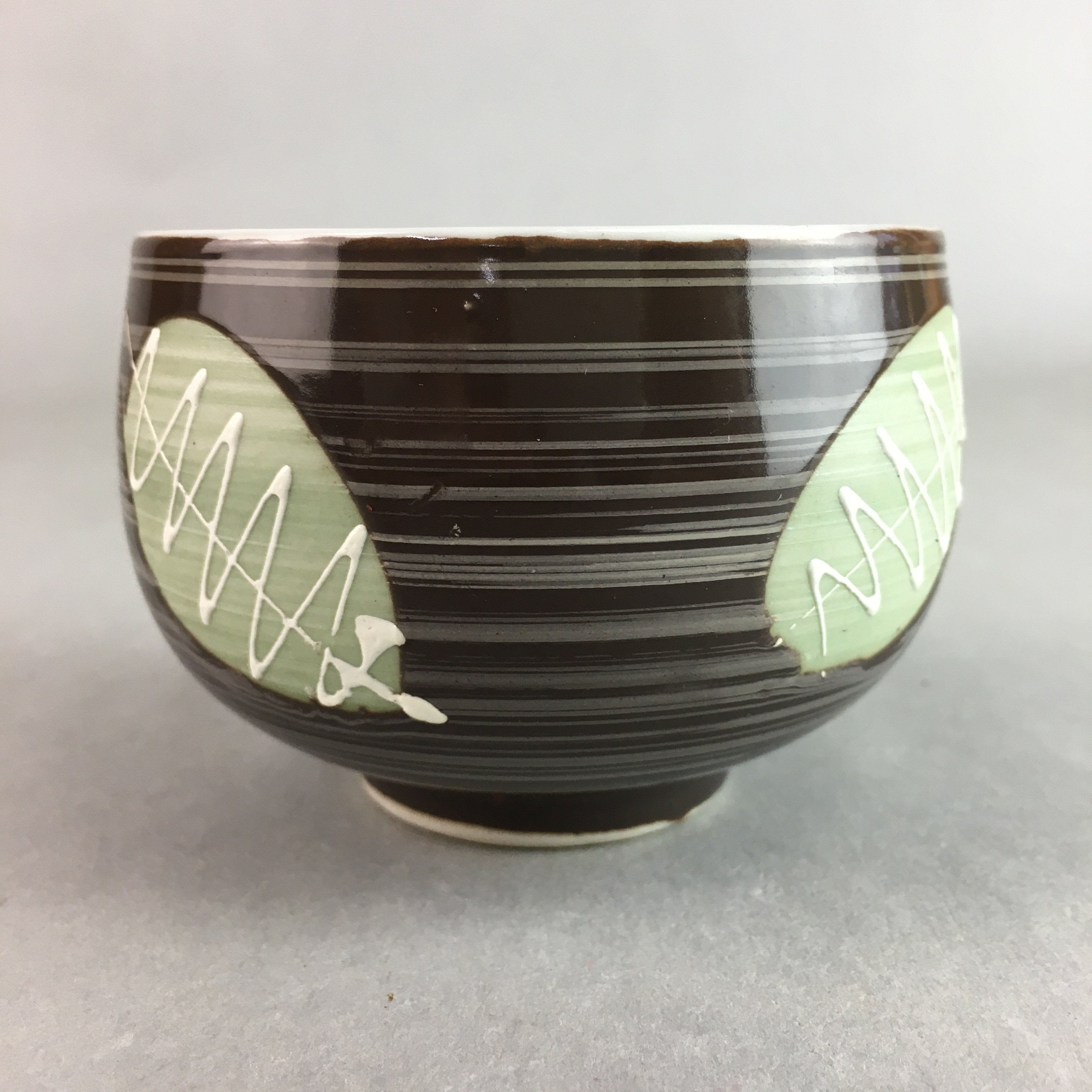 Japanese Porcelain Teacup Yunomi Vtg Sencha Brown Green Leaf Stripe TC142