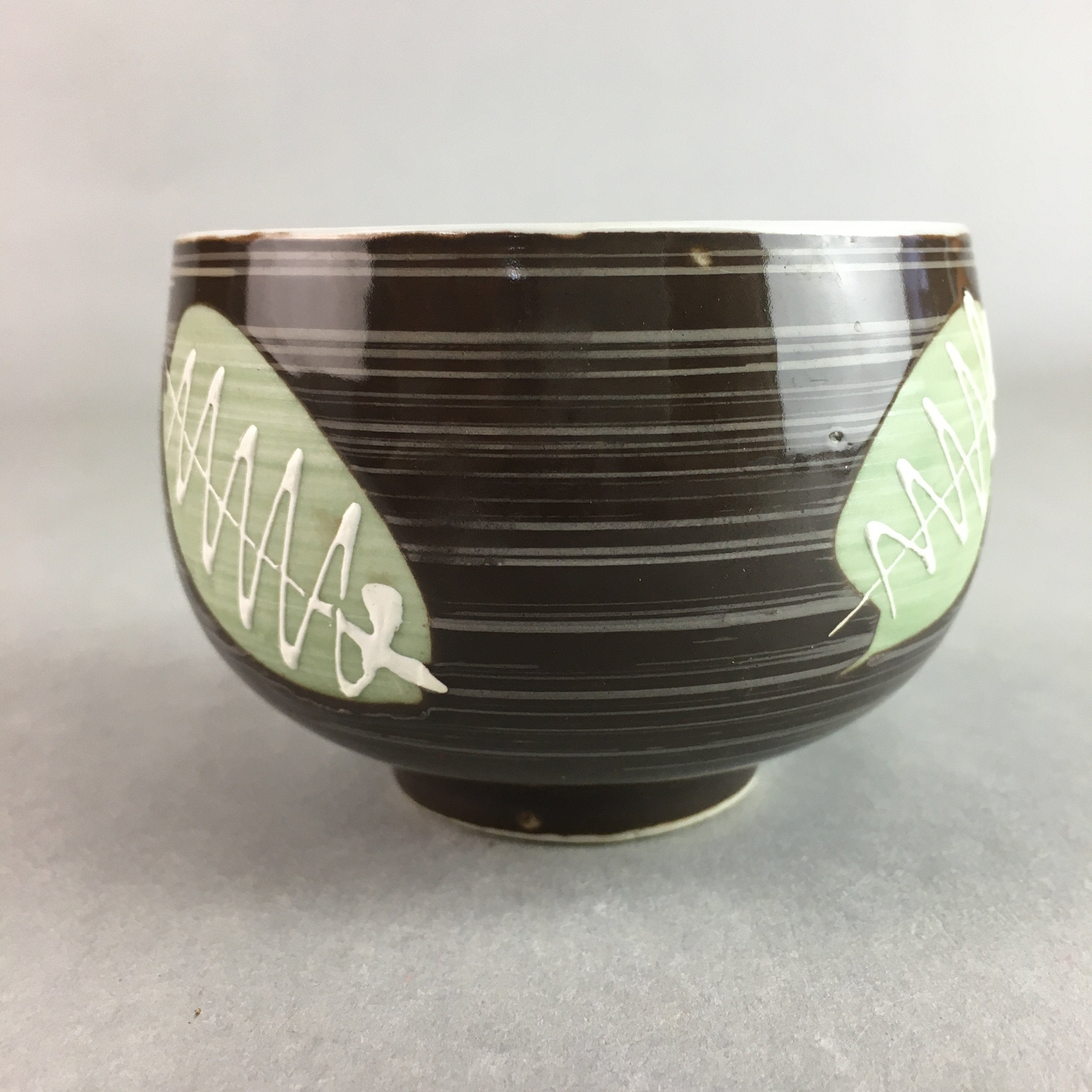 Japanese Porcelain Teacup Yunomi Vtg Sencha Brown Green Leaf Stripe TC142