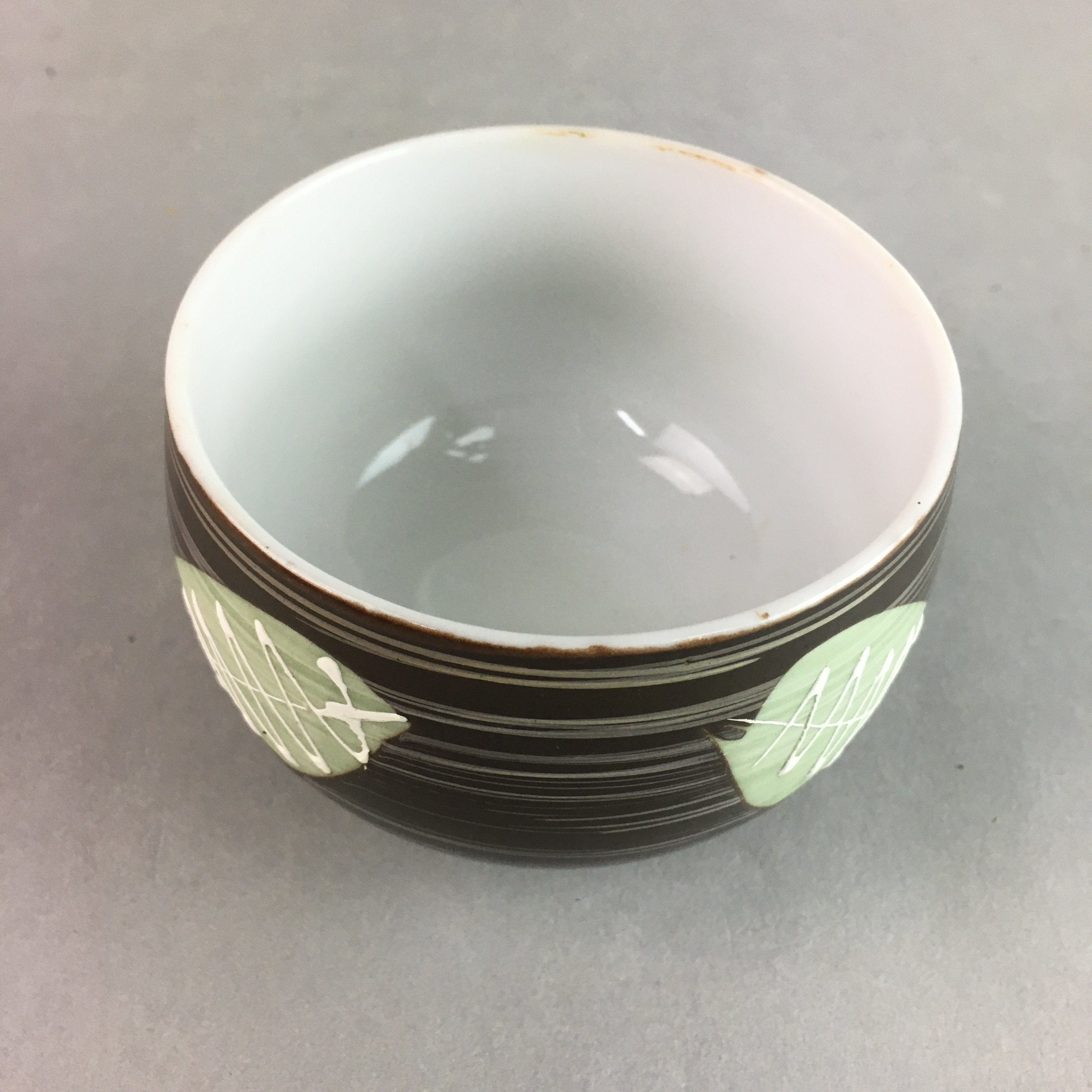 Japanese Porcelain Teacup Yunomi Vtg Sencha Brown Green Leaf Stripe TC142