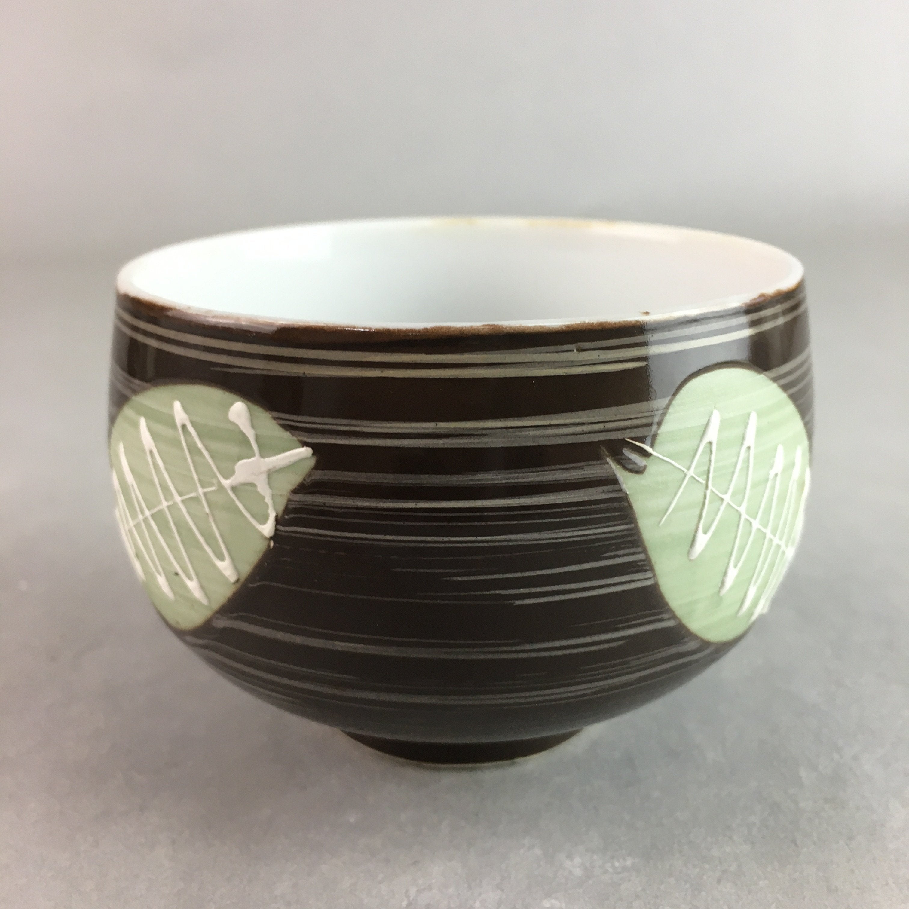 Japanese Porcelain Teacup Yunomi Vtg Sencha Brown Green Leaf Stripe TC142