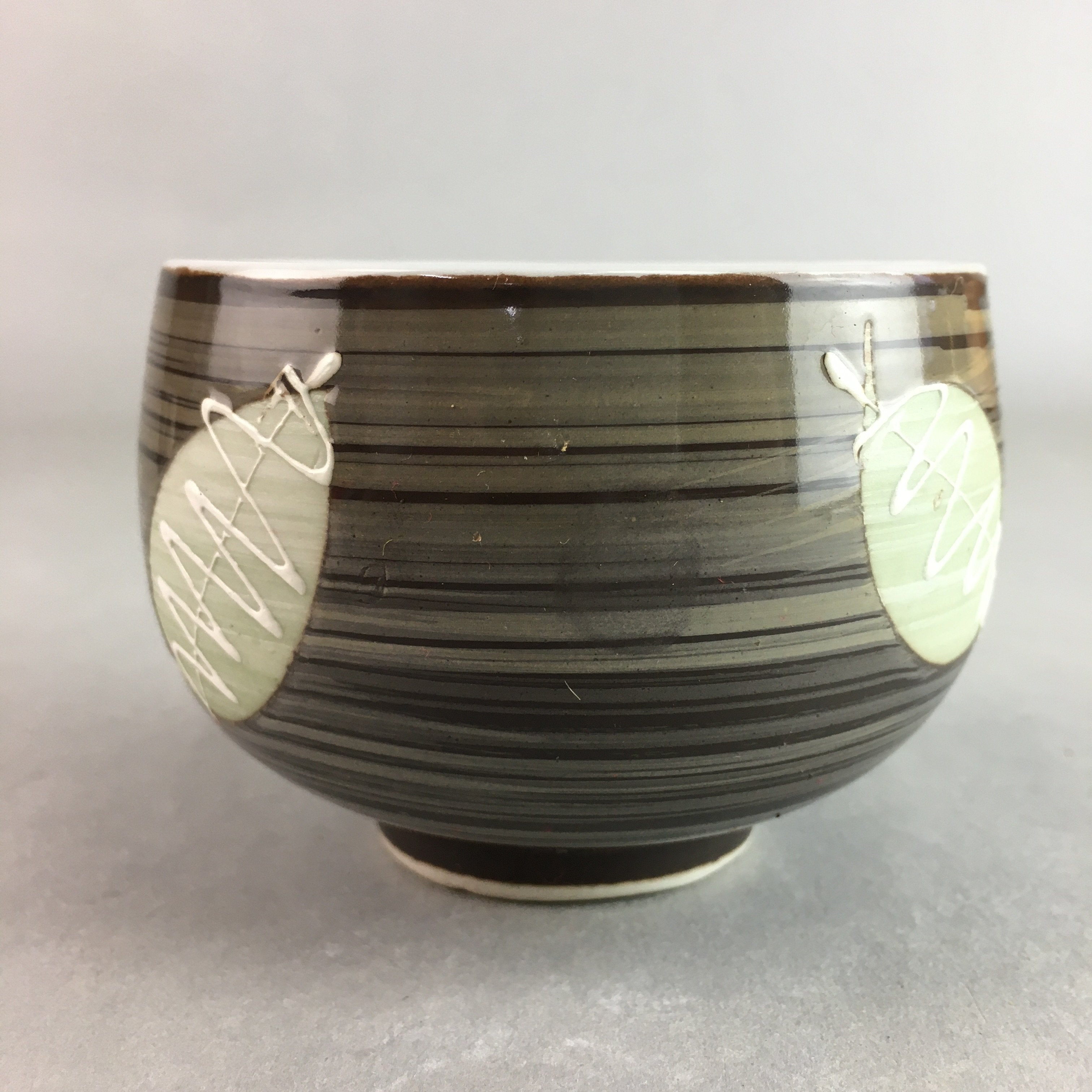 Japanese Porcelain Teacup Yunomi Vtg Sencha Brown Green Leaf Stripe TC143