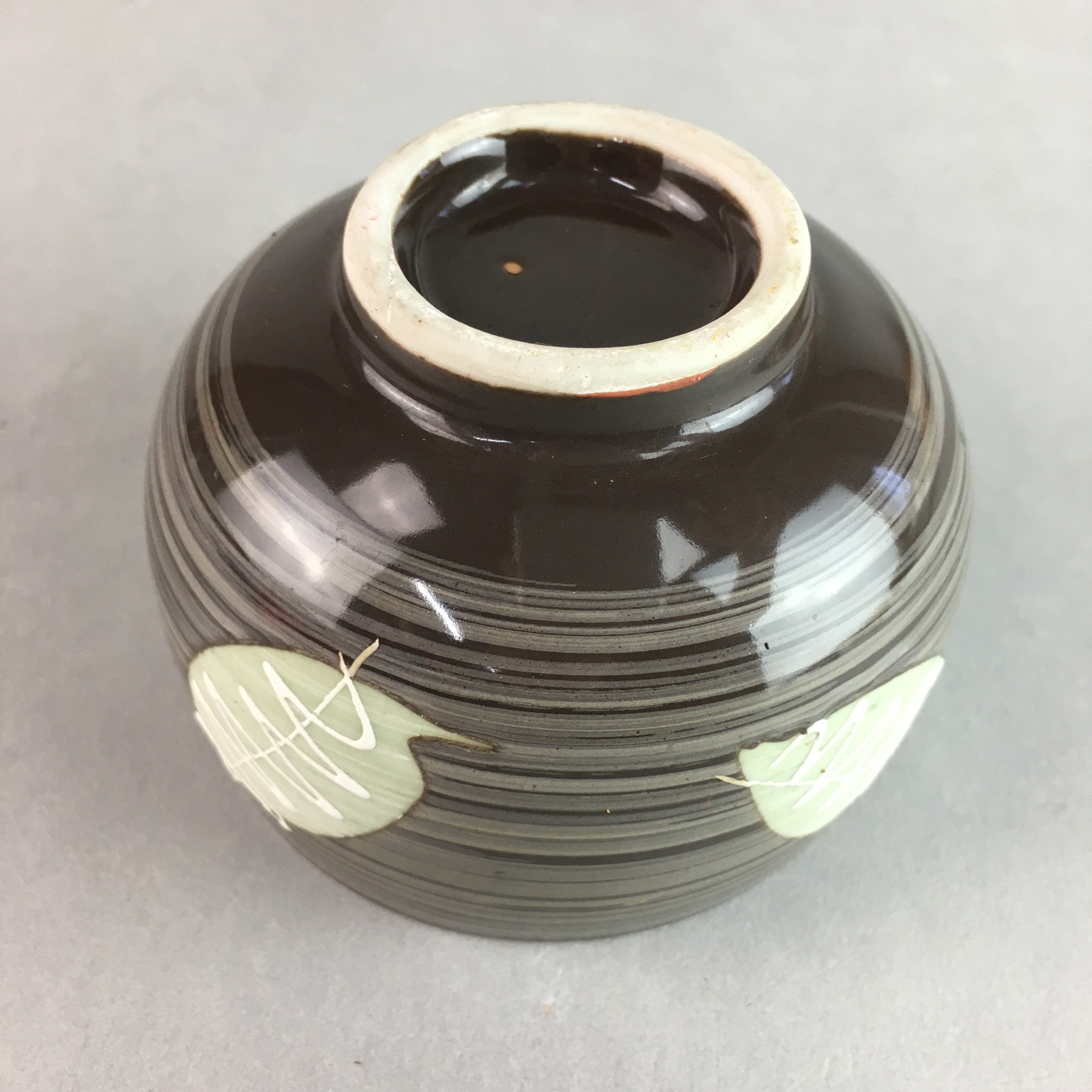 Japanese Porcelain Teacup Yunomi Vtg Sencha Brown Green Leaf Stripe TC143