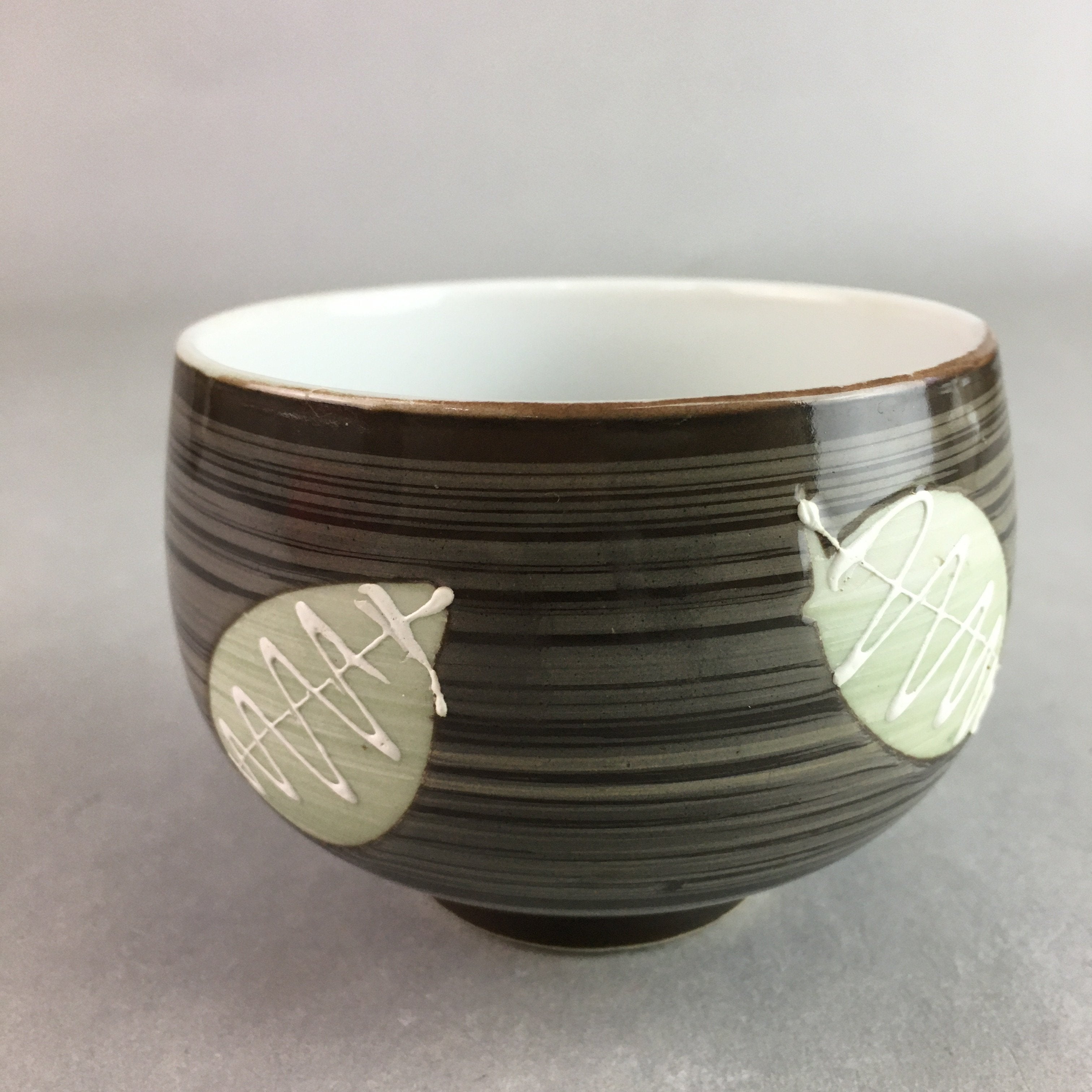 Japanese Porcelain Teacup Yunomi Vtg Sencha Brown Green Leaf Stripe TC143
