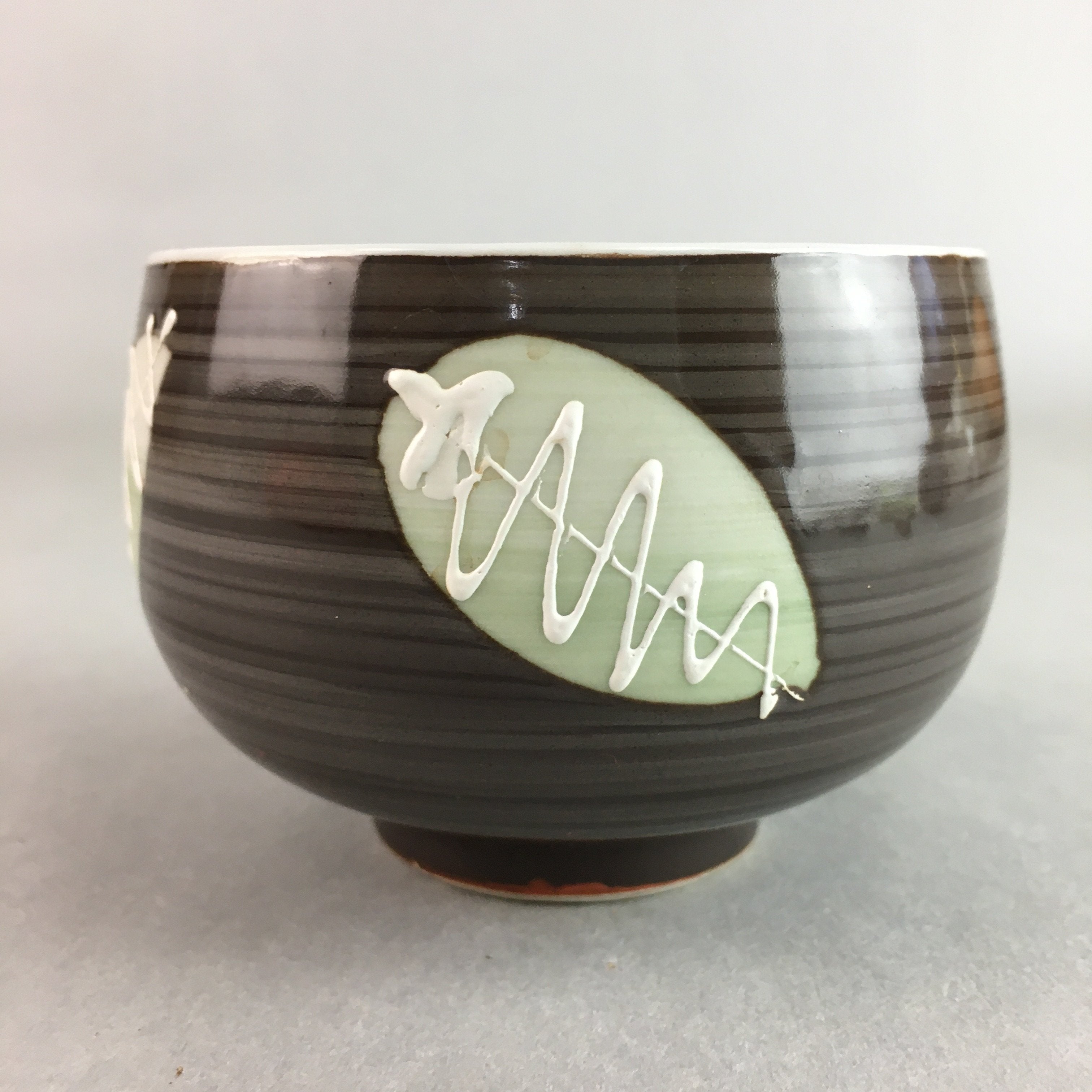 Japanese Porcelain Teacup Yunomi Vtg Sencha Brown Green Leaf Stripe TC144