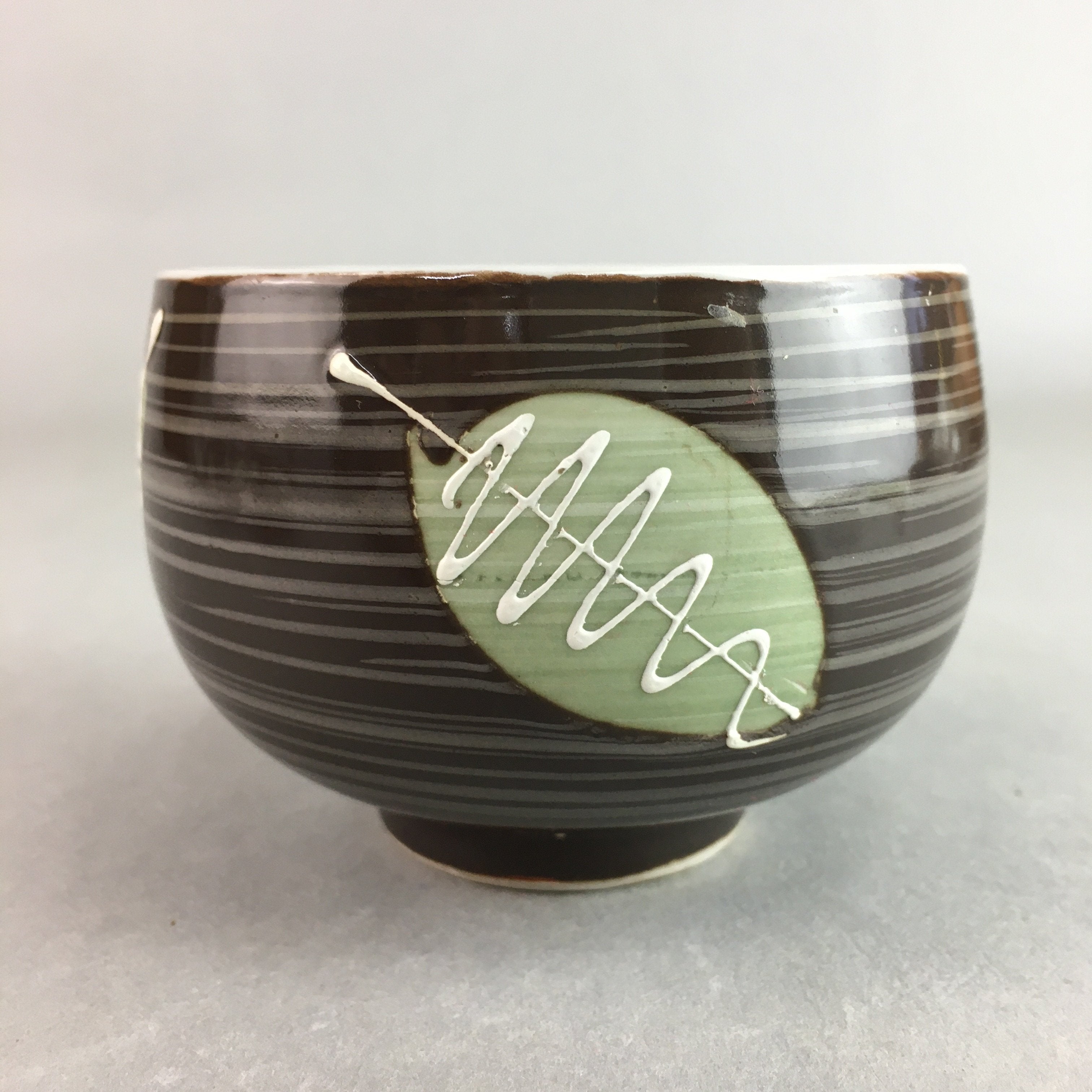 Japanese Porcelain Teacup Yunomi Vtg Sencha Brown Green Leaf Stripe TC145