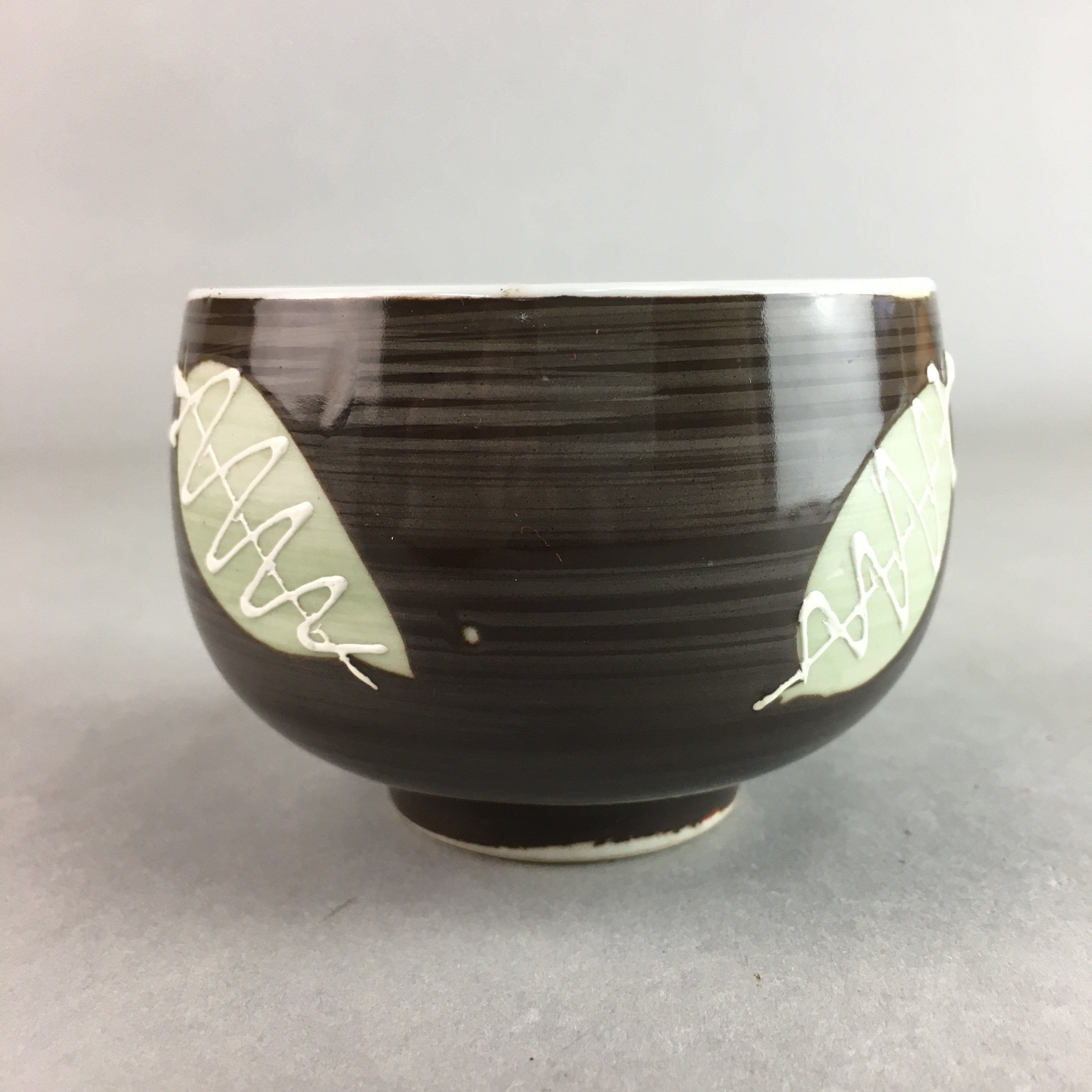 Japanese Porcelain Teacup Yunomi Vtg Sencha Brown Green Leaf Stripe TC146