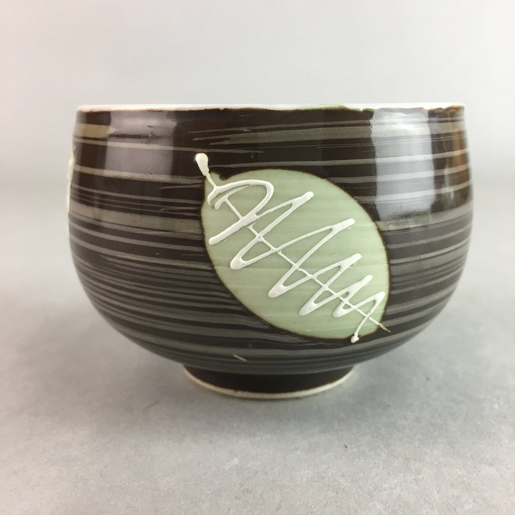 Japanese Porcelain Teacup Yunomi Vtg Sencha Brown Green Leaf Stripe TC148