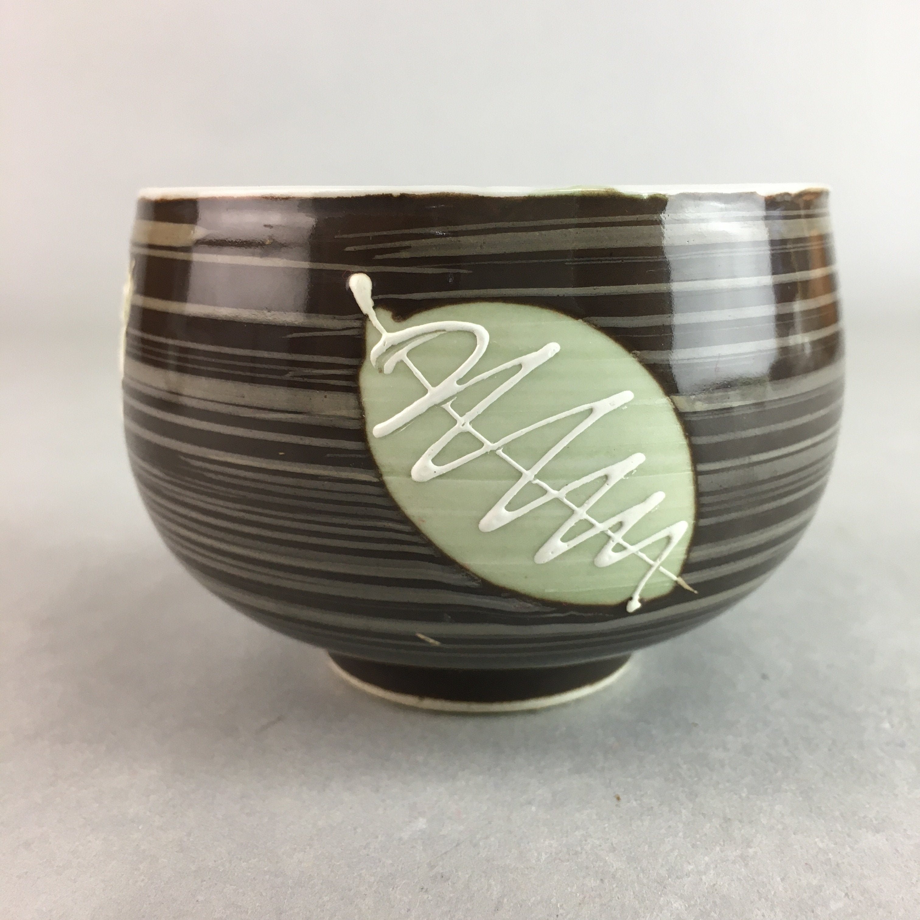 Japanese Porcelain Teacup Yunomi Vtg Sencha Brown Green Leaf Stripe TC148