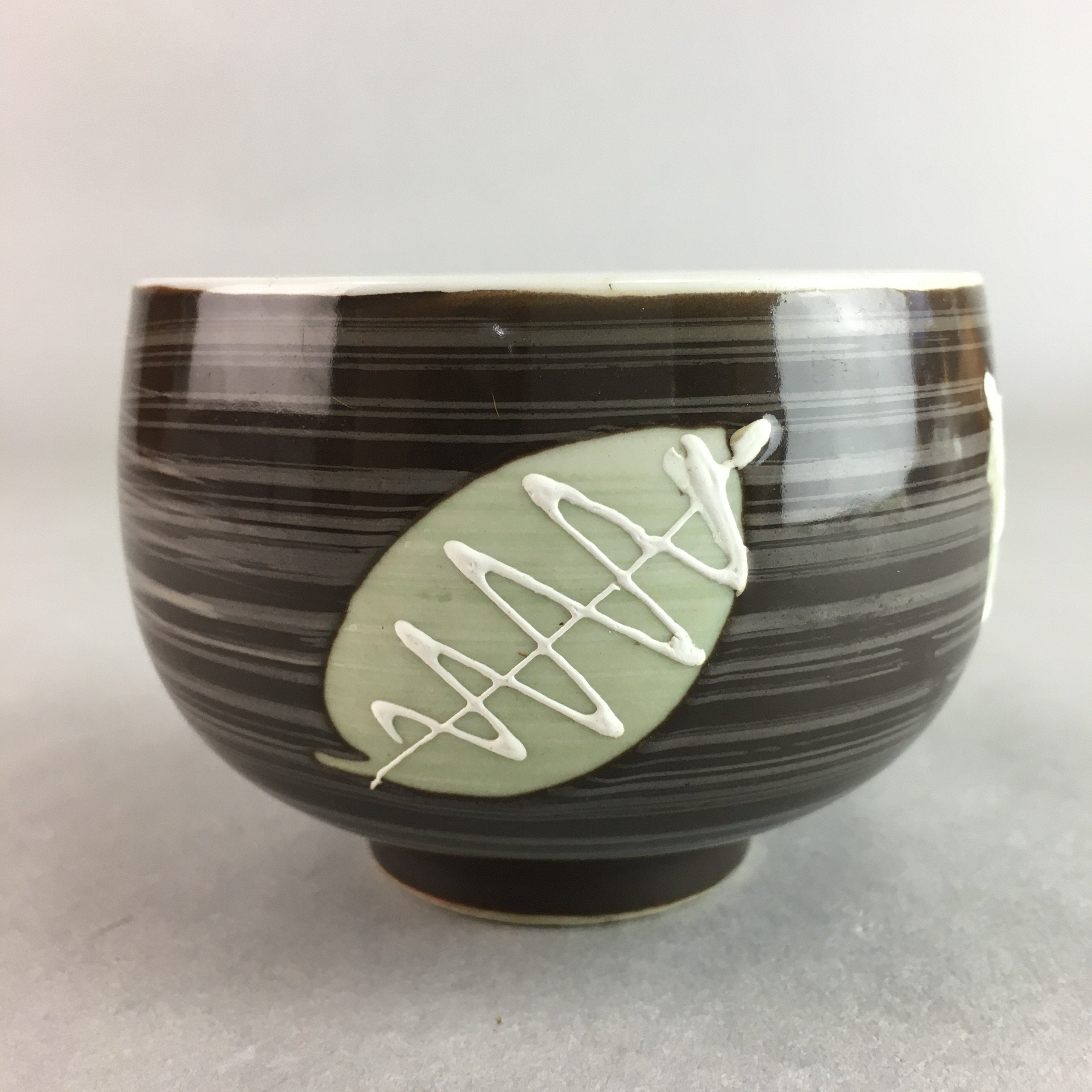 Japanese Porcelain Teacup Yunomi Vtg Sencha Brown Green Leaf Stripe TC149