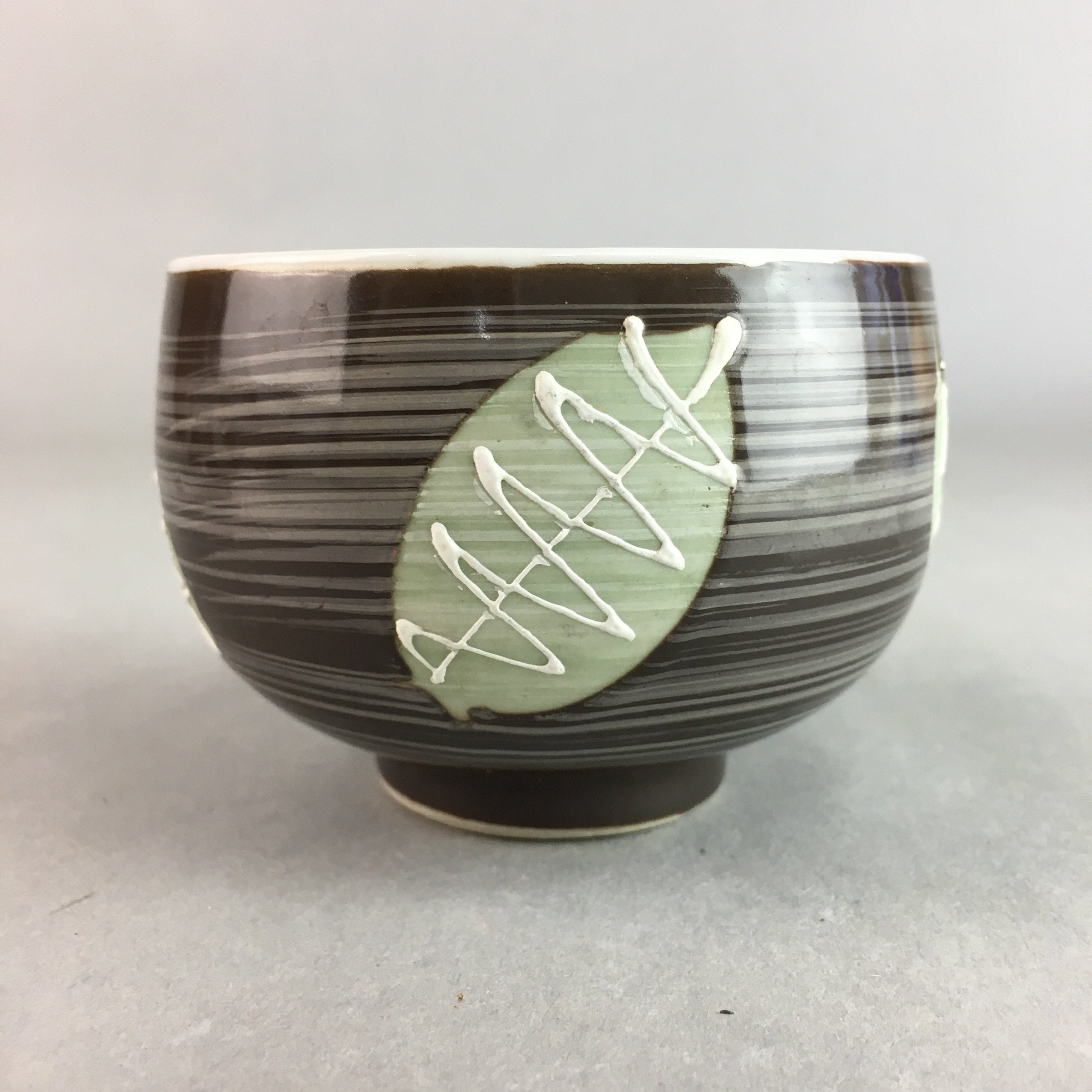 Japanese Porcelain Teacup Yunomi Vtg Sencha Brown Green Leaf Stripe TC150