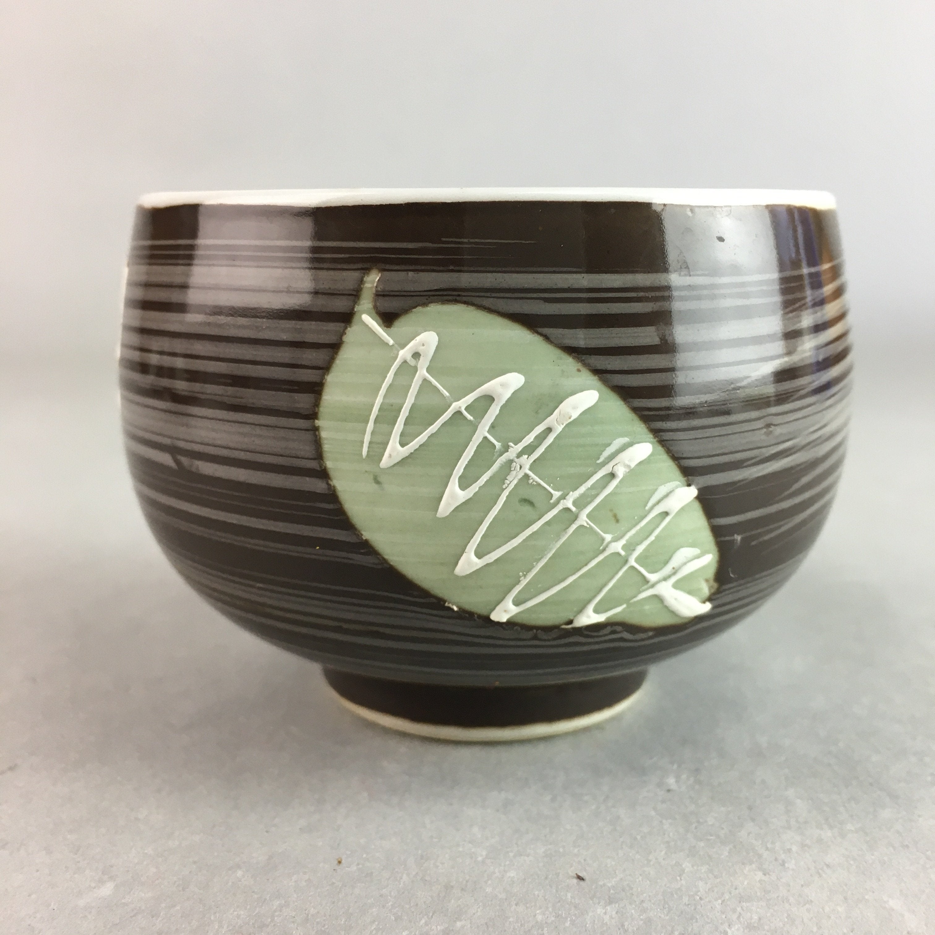 Japanese Porcelain Teacup Yunomi Vtg Sencha Brown Green Leaf Stripe TC150