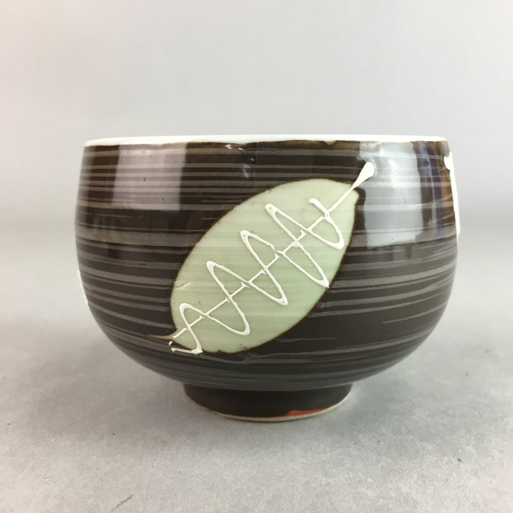 Japanese Porcelain Teacup Yunomi Vtg Sencha Brown Green Leaf Stripe TC151