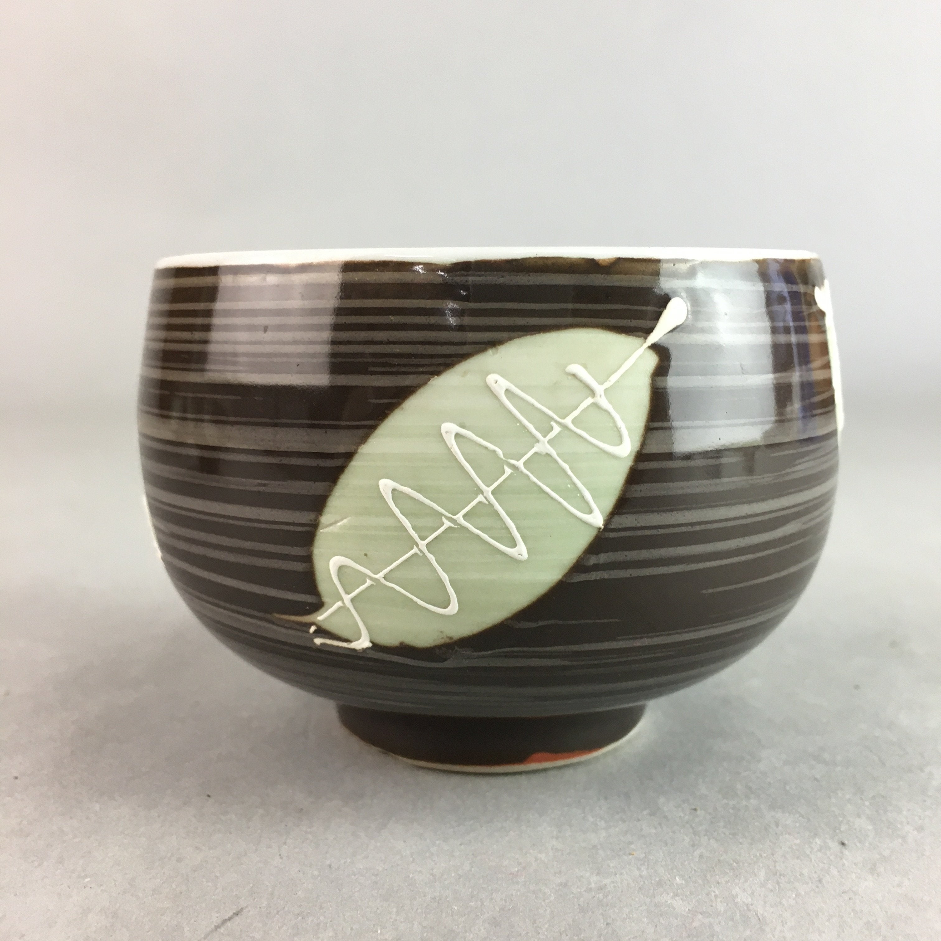 Japanese Porcelain Teacup Yunomi Vtg Sencha Brown Green Leaf Stripe TC151