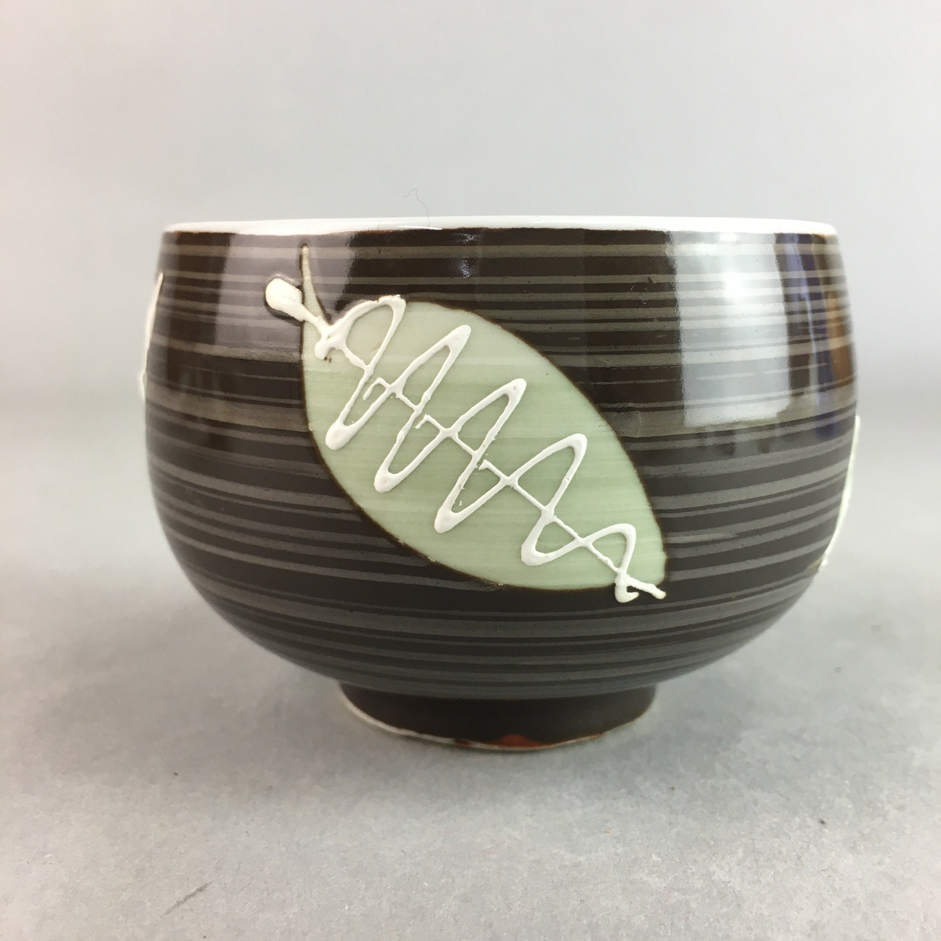 Japanese Porcelain Teacup Yunomi Vtg Sencha Brown Green Leaf Stripe TC151