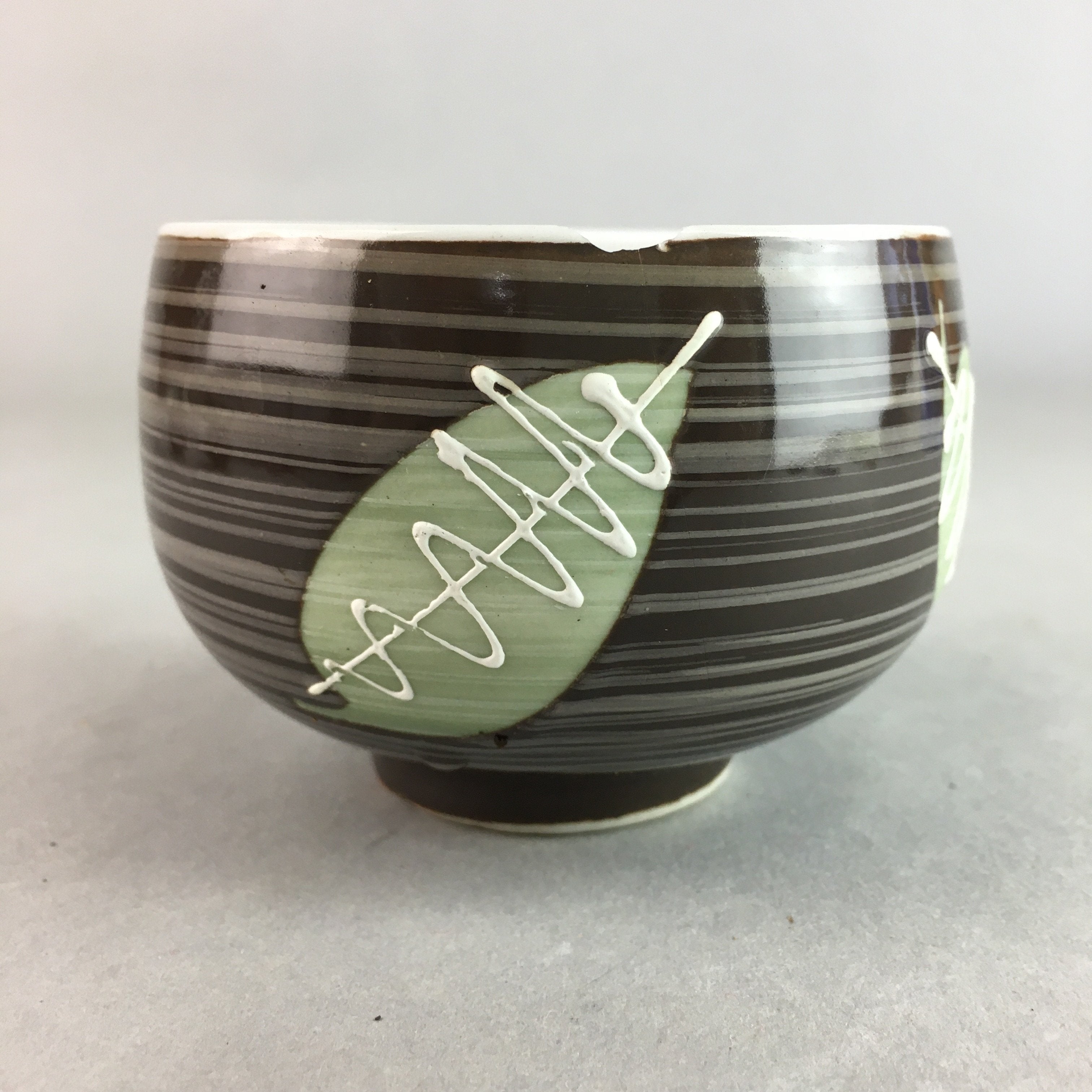 Japanese Porcelain Teacup Yunomi Vtg Sencha Brown Green Leaf Stripe TC152