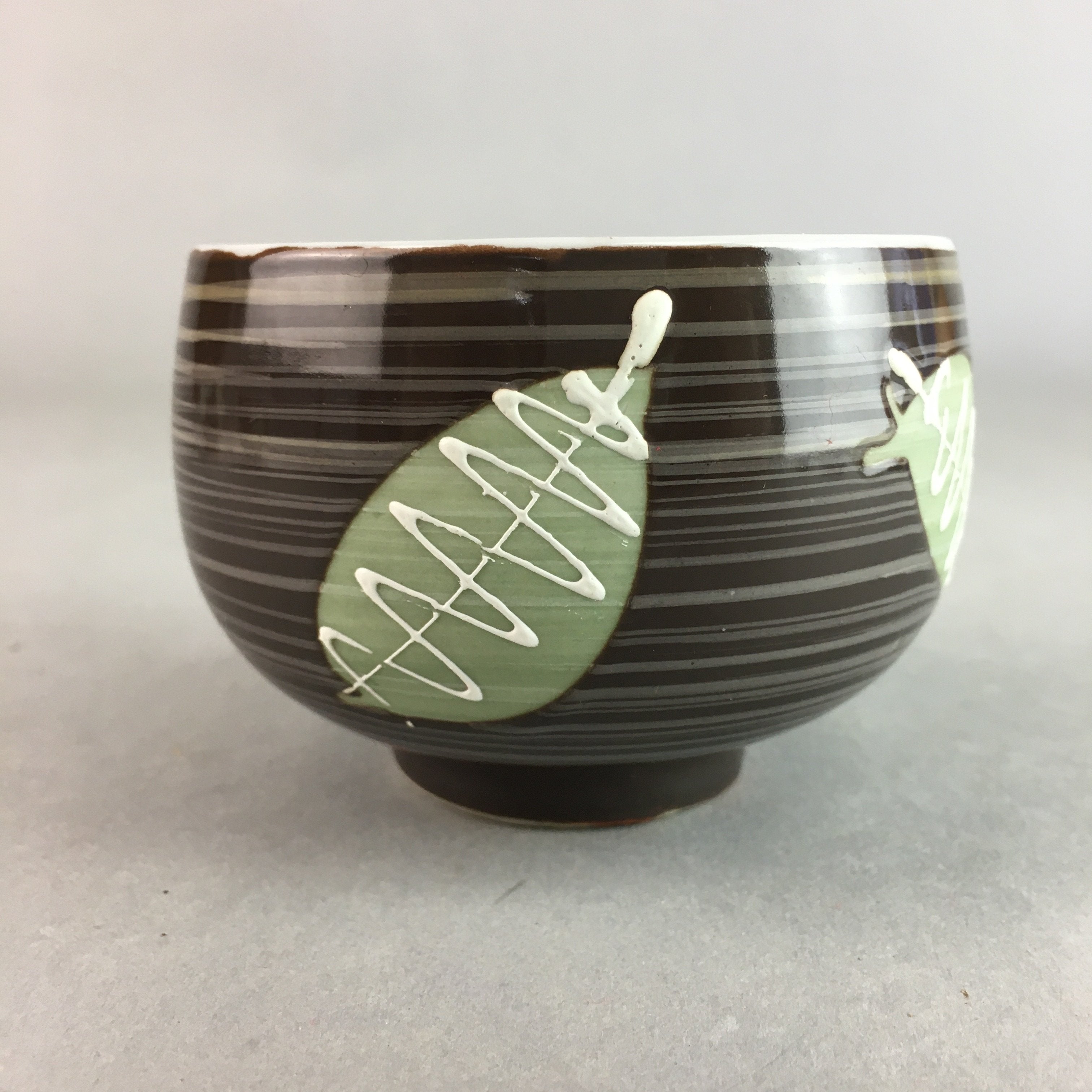 Japanese Porcelain Teacup Yunomi Vtg Sencha Brown Green Leaf Stripe TC152