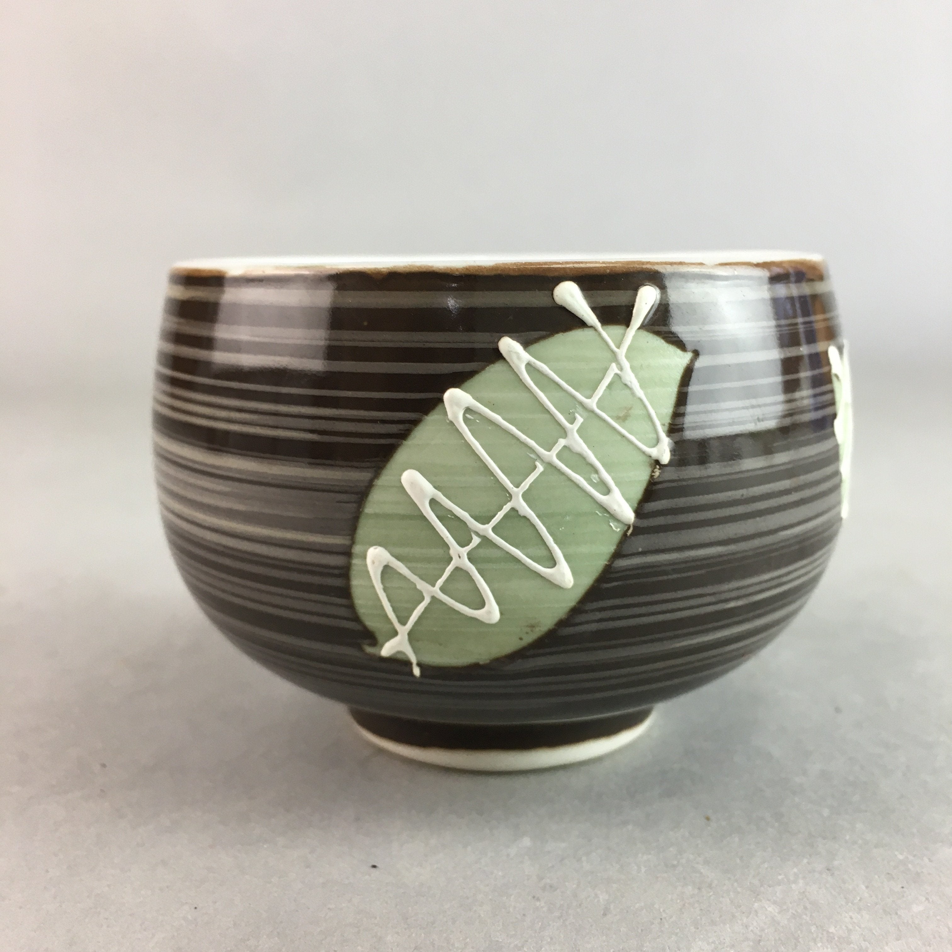 Japanese Porcelain Teacup Yunomi Vtg Sencha Brown Green Leaf Stripe TC153