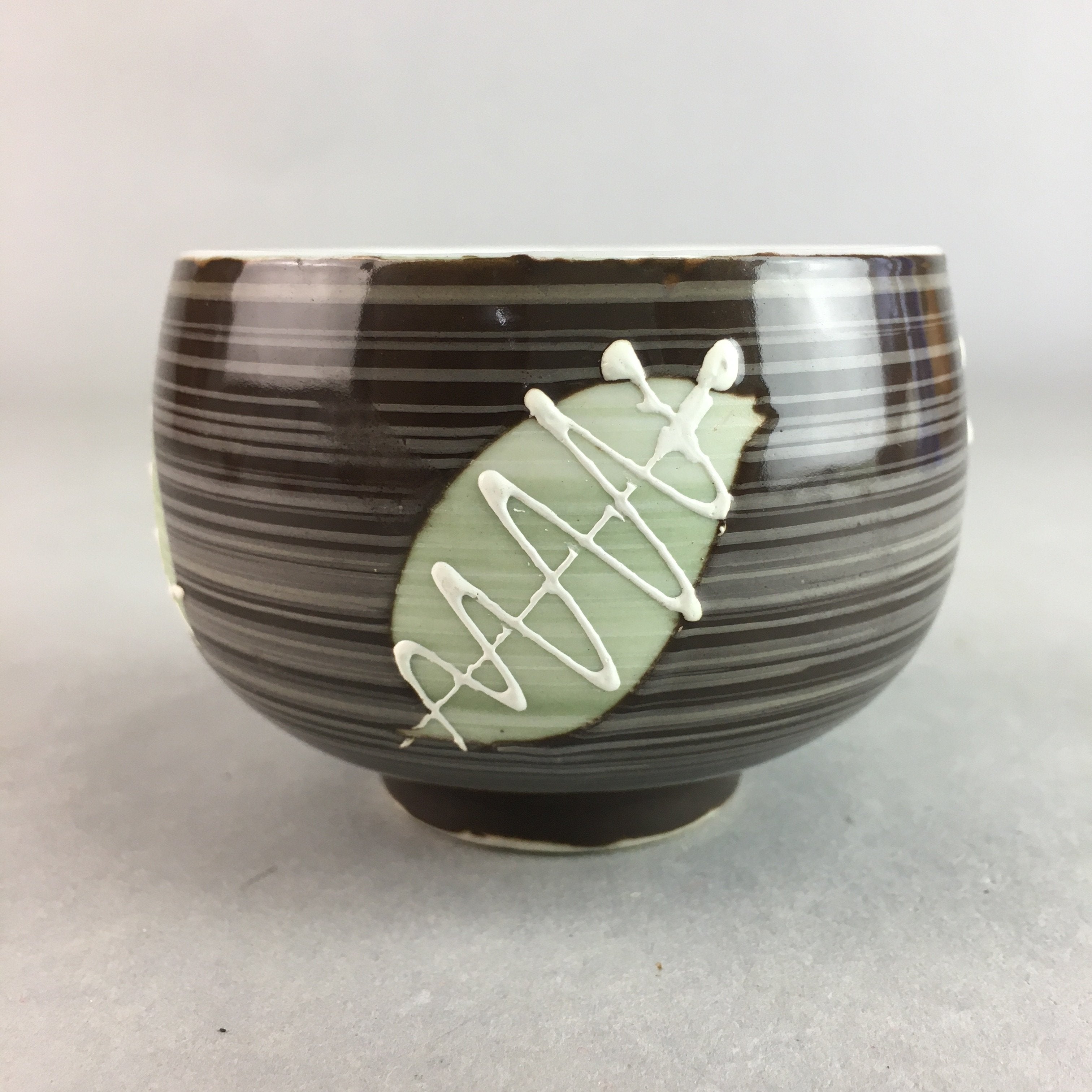 Japanese Porcelain Teacup Yunomi Vtg Sencha Brown Green Leaf Stripe TC153